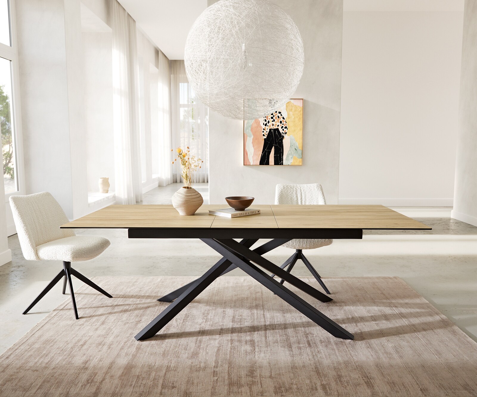 Table à manger Edge 180-220x100 céramique Laminam® Sabbia couleur chêne cadre croisé rectangulaire noir extensible 1