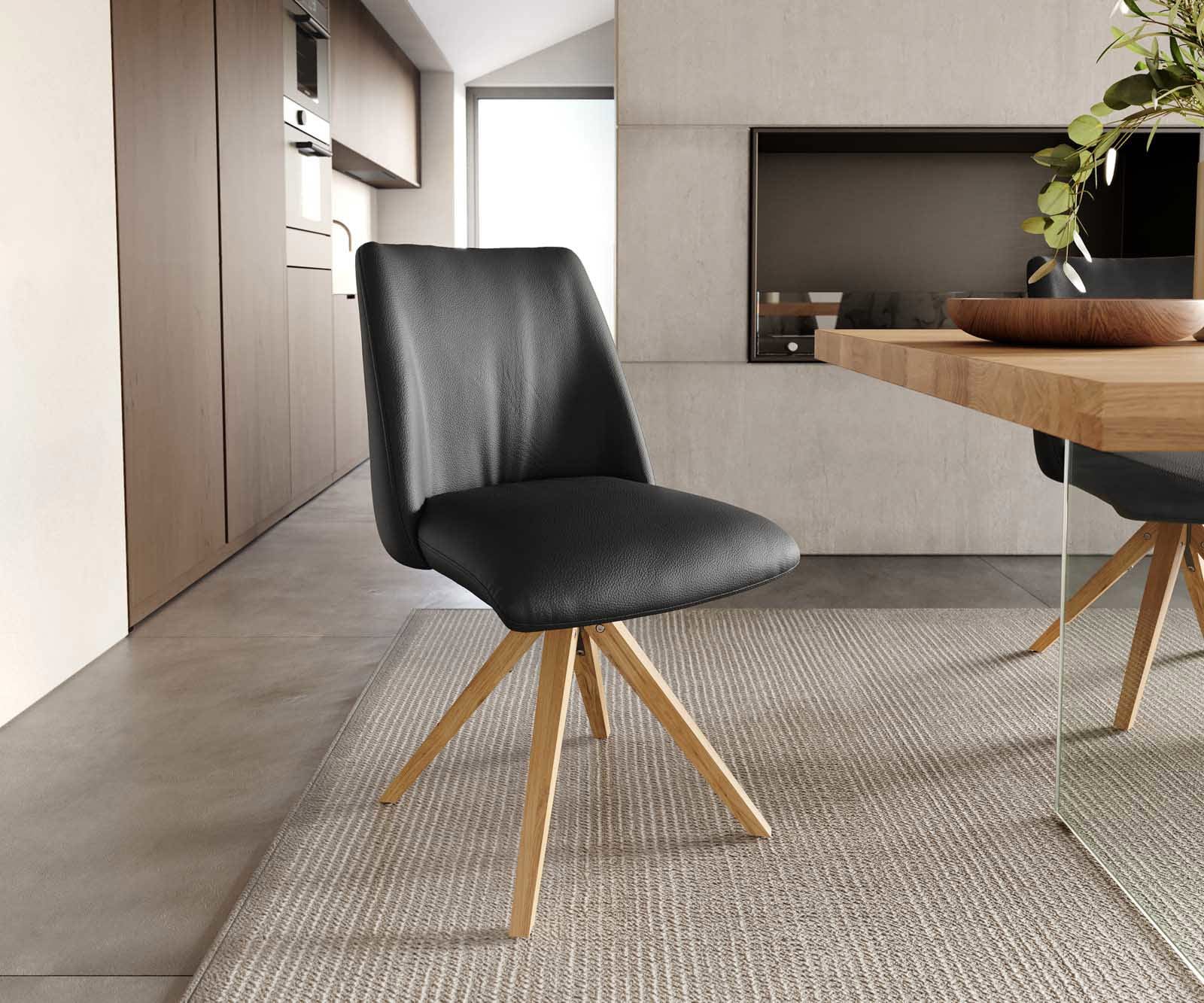 Drehstuhl Elso-Flex Echt-Leder Schwarz Holzgestell kantig Natur 180° drehbar Taschenfederkern 1