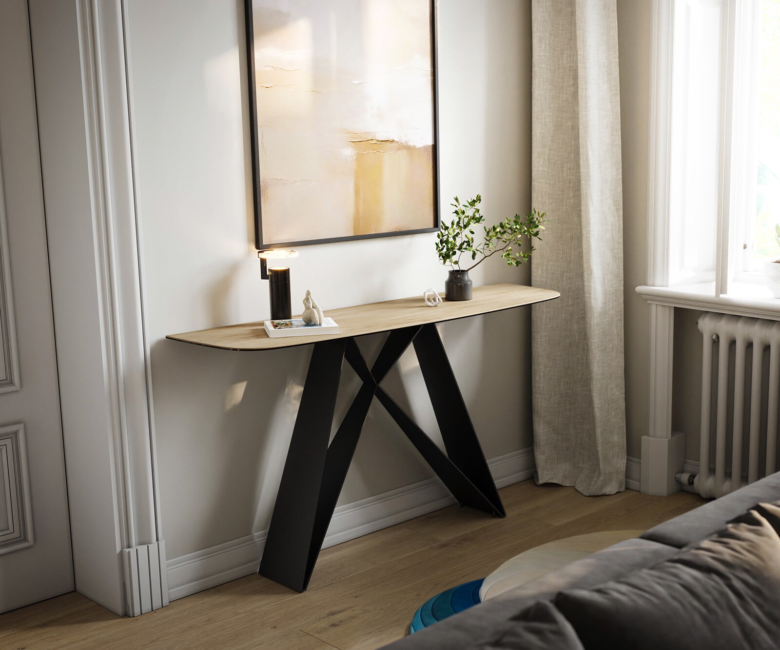 Console Edge forme bateau 140x40 cm Céramique Laminam® Sabbia Eichefarbig Velio Métal Noir 4