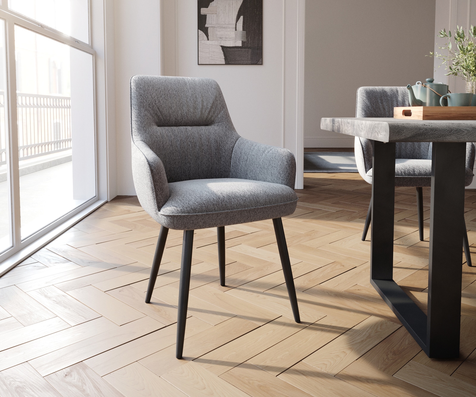 Chaise-pivotante Zelia-Flex avec accoudoirs cuir véritable noir cadre croisé large acier inoxydable pivote sur 360° ressorts ensachés 2 Chaise-pivotante Zelia-Flex avec accoudoirs cuir véritable noir cadre croisé large acier inoxydable pivote sur 360° ressorts ensachés 2