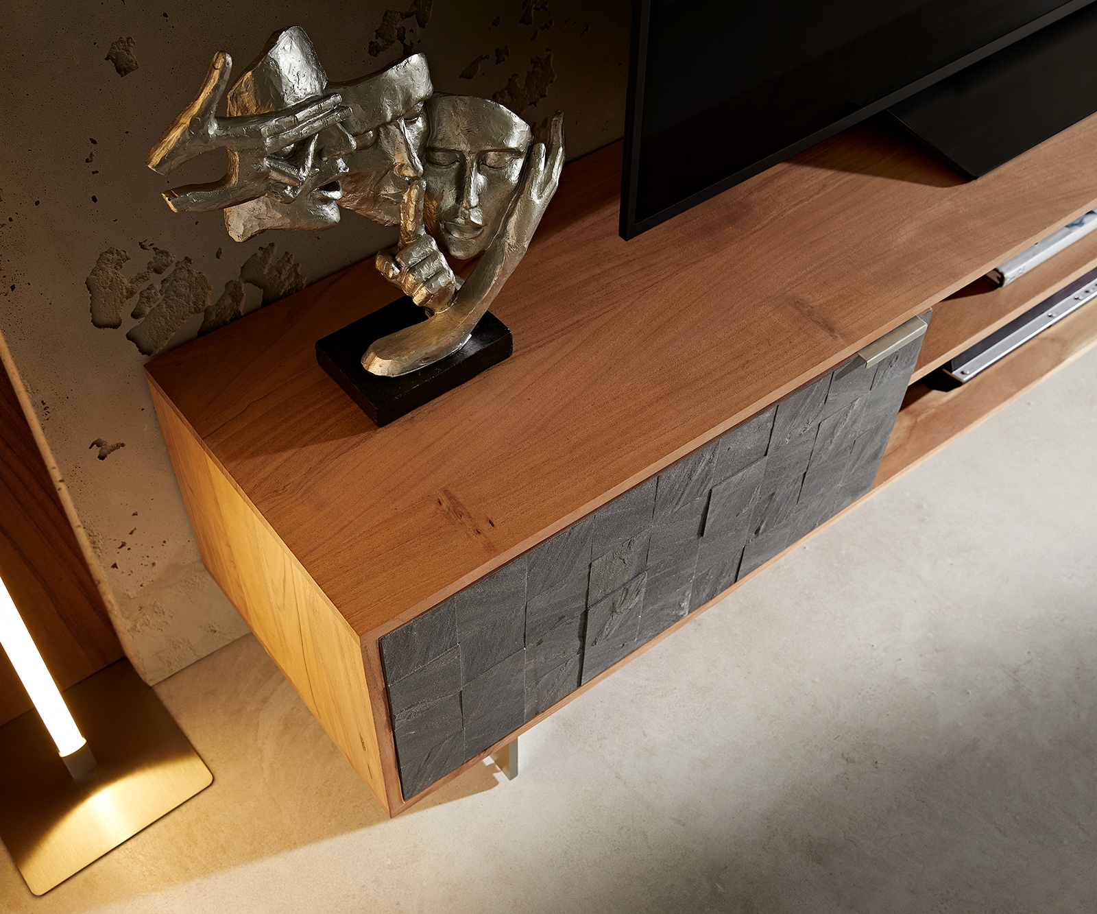 Lowboard Teele 200 cm Akazie Natur Schiefer 2 Türen Fuß schwebend Edelstahl 3 Lowboard Teele 200 cm Akazie Natur Schiefer 2 Türen Fuß schwebend Edelstahl 3