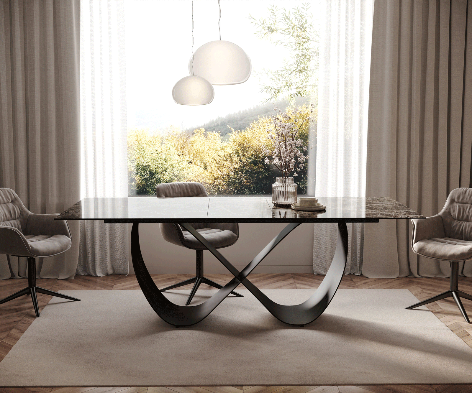 Esstisch Edge 180-220x100 Keramik Emperador Extra Lucidato Dunkelbraun Infinity Metall Schwarz ausziehbar 2