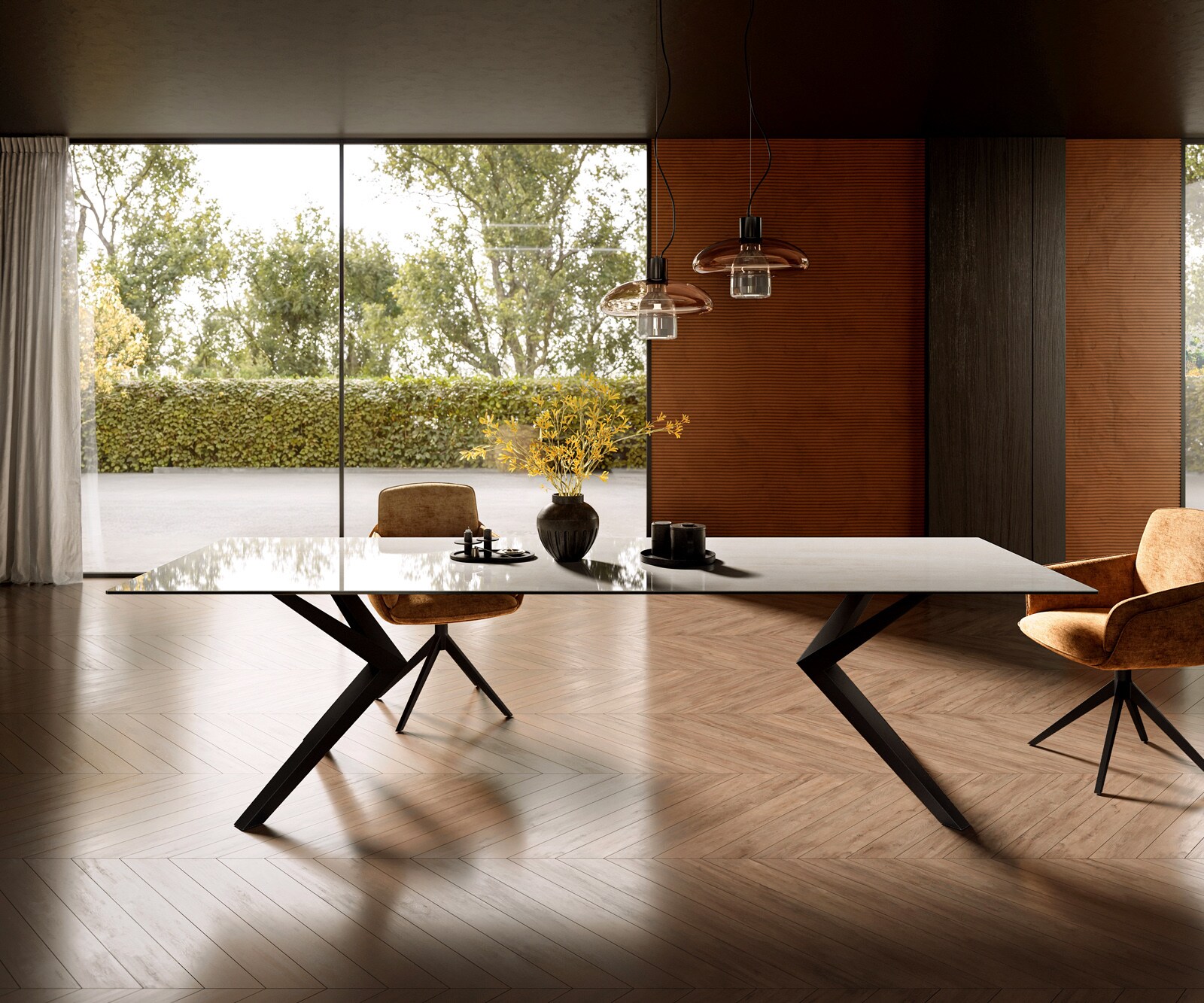 Table à manger Edge 300x100 cm céramique Onyx Champagne Zenthara angulaire métal noir 2