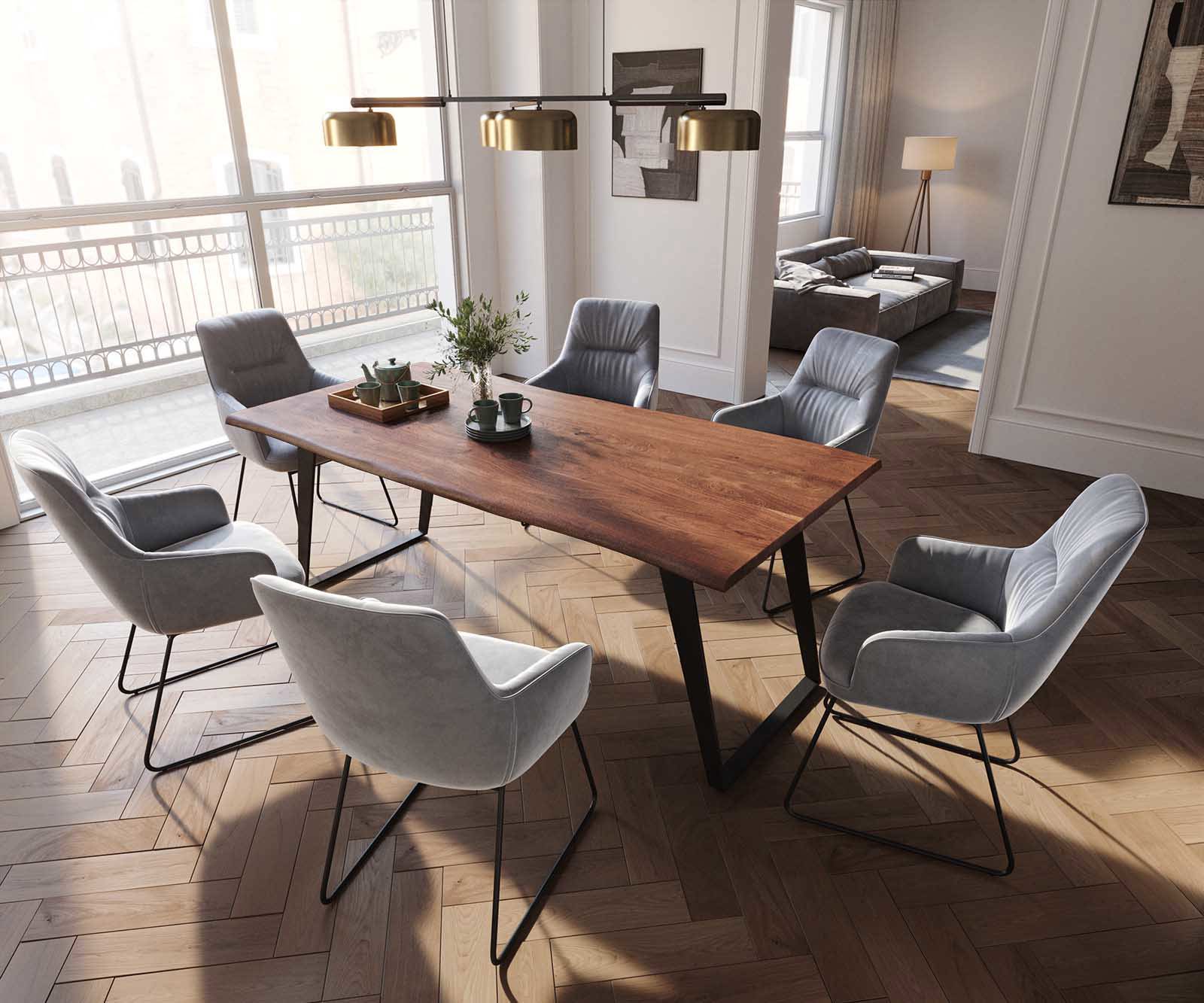 Chaise-de-salle-à-manger Zelia-Flex avec accoudoirs velours gris pied trapèze noir ressorts ensachés 3
