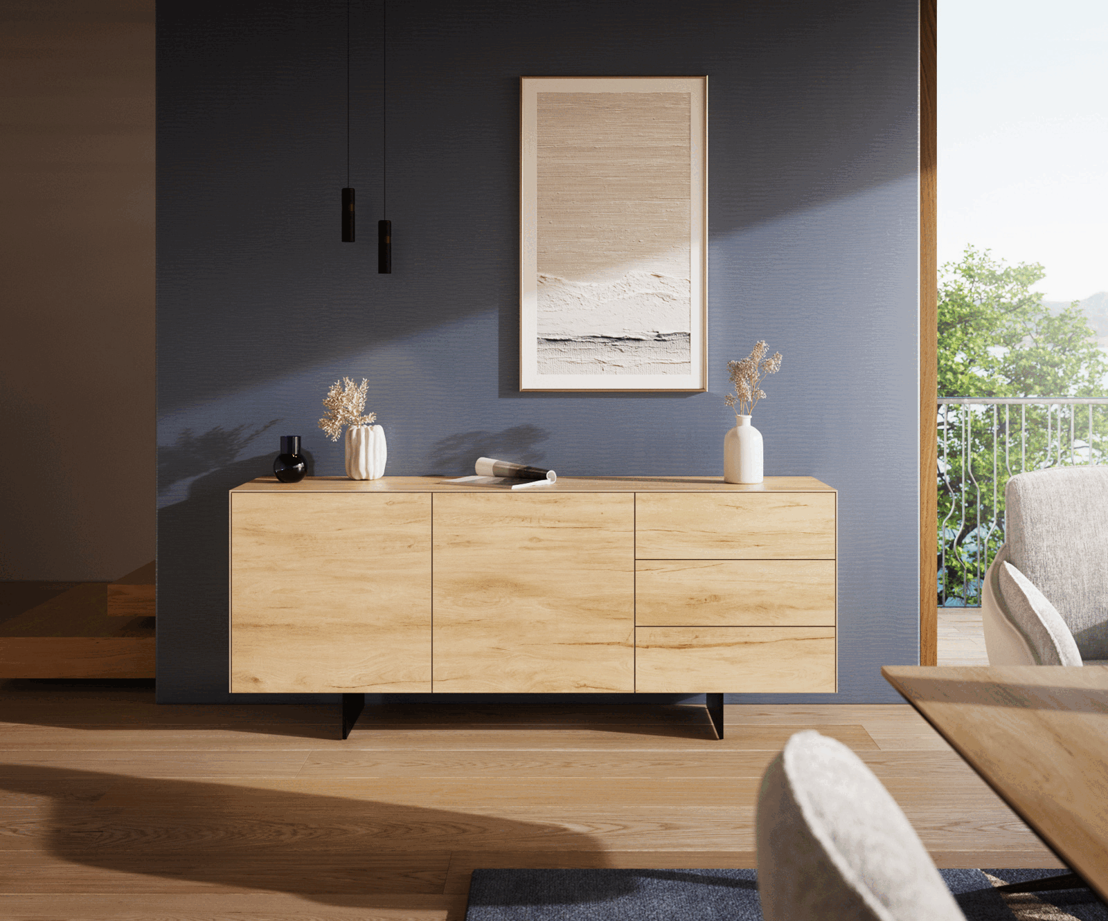 Buffet Cuor 180 cm Céramique Laminam® Sabbia Teinte chêne 2 Portes 3 Tiroirs Pied optique flottant Métal Noir 2