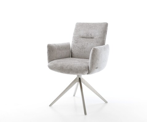Chaise-pivotante Jova-Flex avec accoudoirs chenille gris argenté pied croisé large acier inoxydable brossé pivotement sur 360° fonction bascule ressorts ensachés