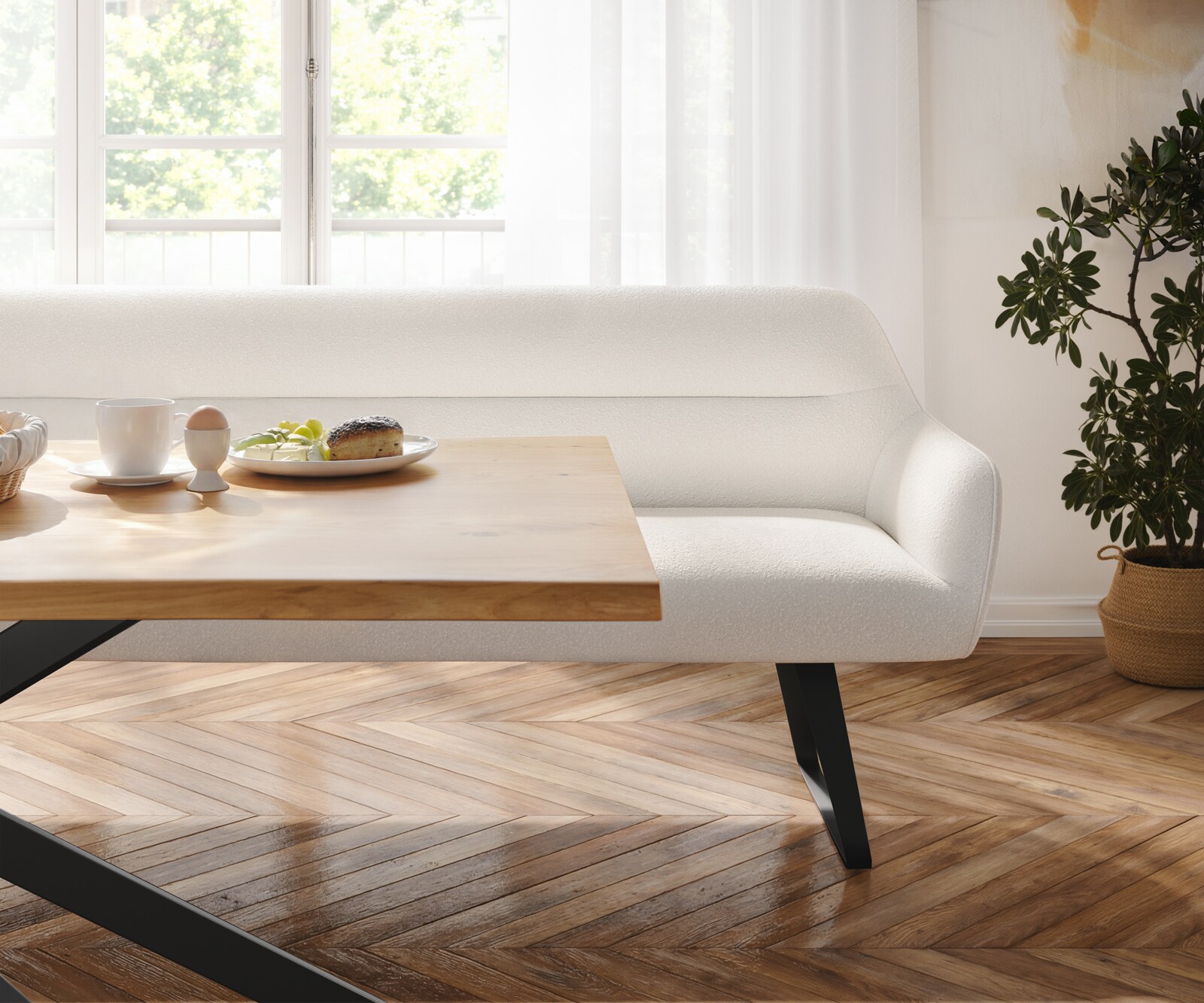 Esszimmerbank Taya-Flex 300 cm Bouclé Creme-Weiß Kufengestell flach Schwarz Taschenfederkern 3