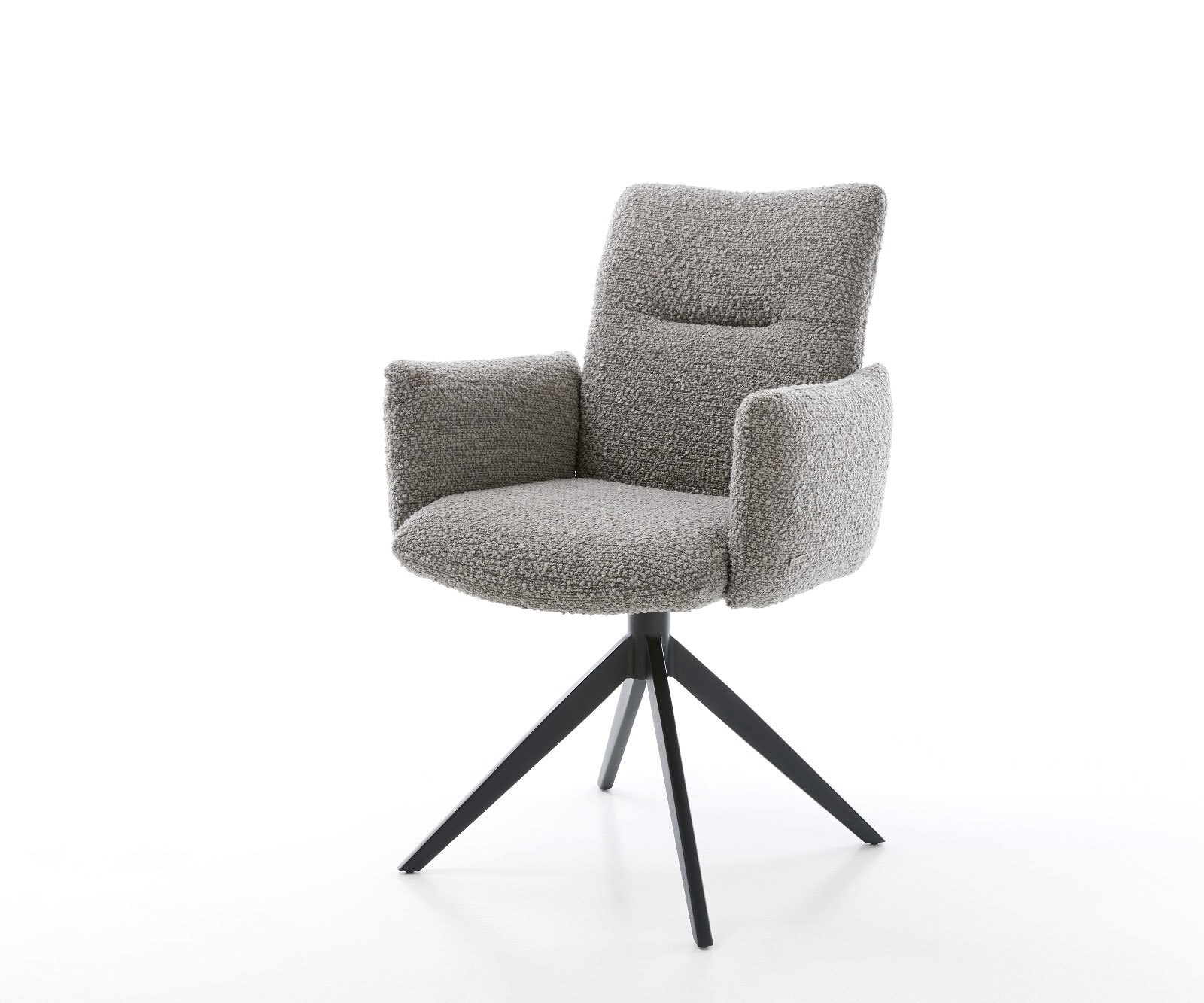 Drehstuhl Jova-Flex mit Armlehnen Bouclé Silbergrau Kreuzgestell breit Schwarz 360° drehbar Taschenfederkern