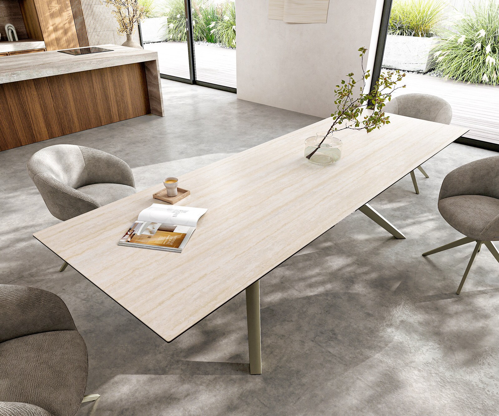 Esstisch Edge 300x100 Keramik Laminam® Travertino Bianco Creme-Weiß Zenthara kantig Metall Effektfinish Titan 3