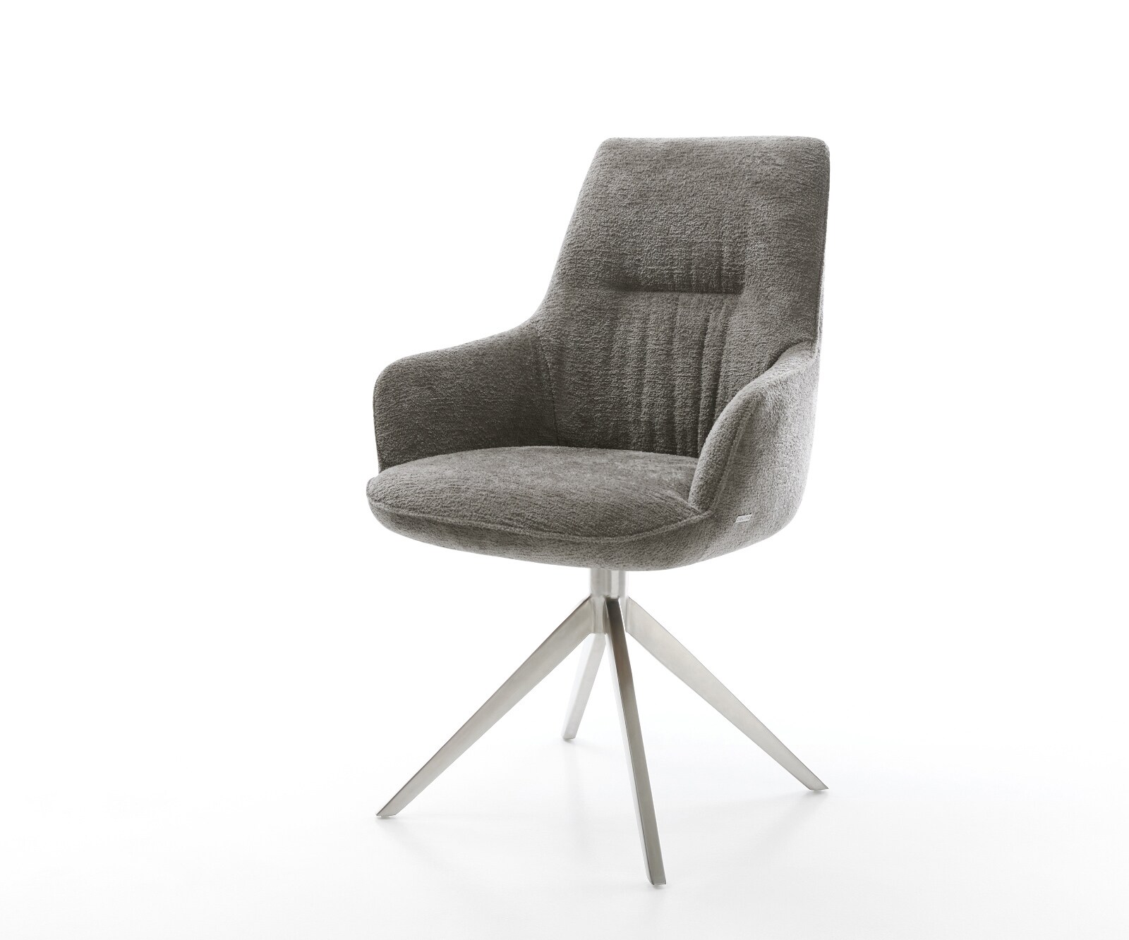 Chaise-pivotante Zelia-Flex avec accoudoirs bouclé doux couleur boue pied croisé large acier inoxydable pivotement sur 360° fonction bascule resorts ensachés