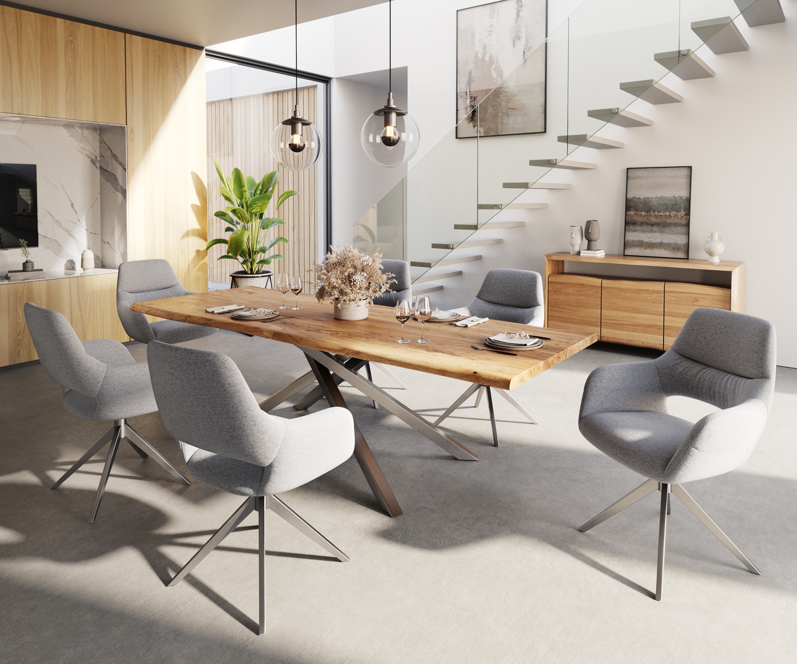 Esszimmerstuhl Yago-Flex mit Armlehnen Strukturstoff Hellgrau Kreuzgestell breit Edelstahl Taschenfederkern 3 Esszimmerstuhl Yago-Flex mit Armlehnen Strukturstoff Hellgrau Kreuzgestell breit Edelstahl Taschenfederkern 3