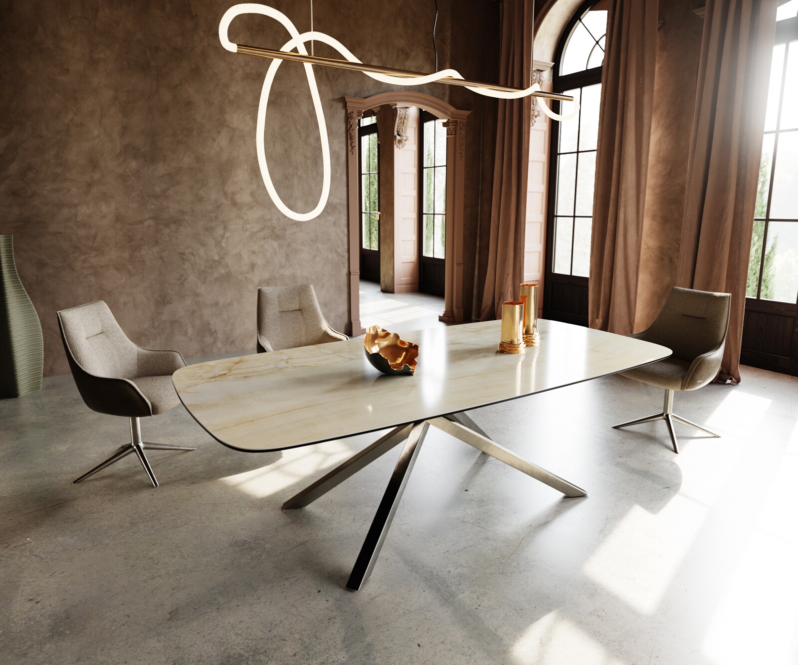 Table à manger Edge Boot 240x120 cm Céramique Iris FMG Onice Oro piètement en croix Rectangle Acier inoxydable