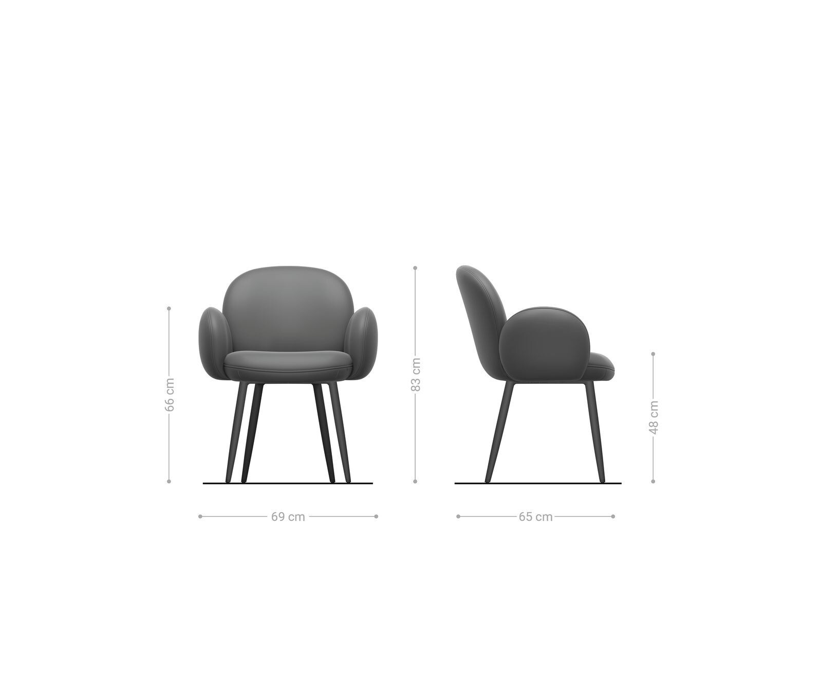 Chaise-de-salle-à-manger Nube-Flex avec accoudoirs cuir de vache noir 4 pieds coniques acier inoxydable brossé ressorts ensachés 6