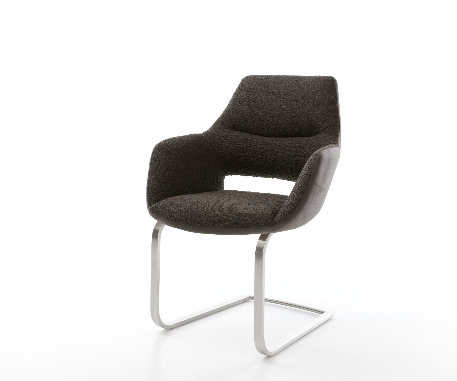 Chaise-pivotante Yago-Flex avec accoudoirs bouclé blanc cadre croisé large acier inoxydable pivote sur 360°