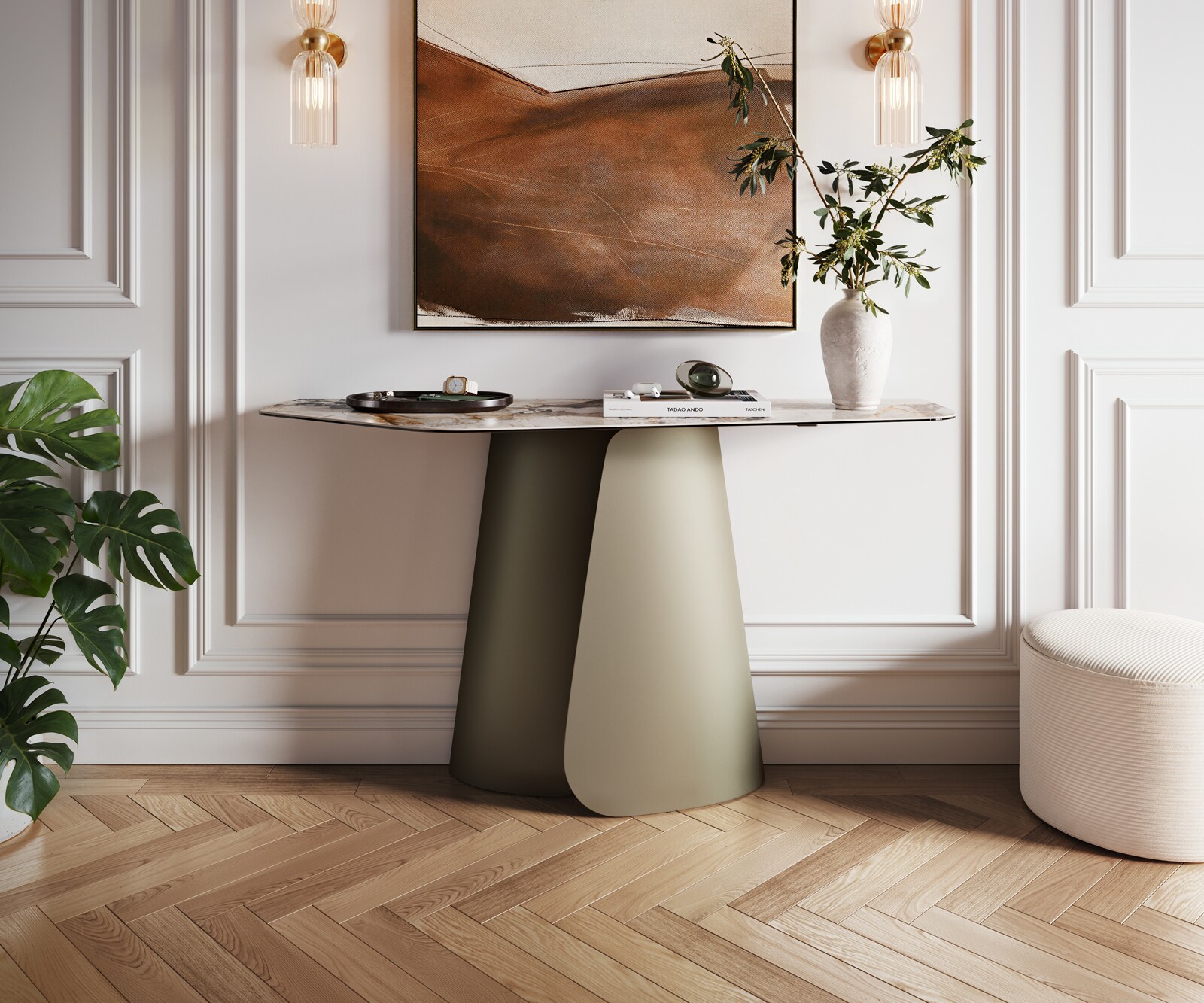 Console Edge Polygonal 140x50 cm Céramique Patagonia Poliert Livos Métal Effektfinish Titan 1