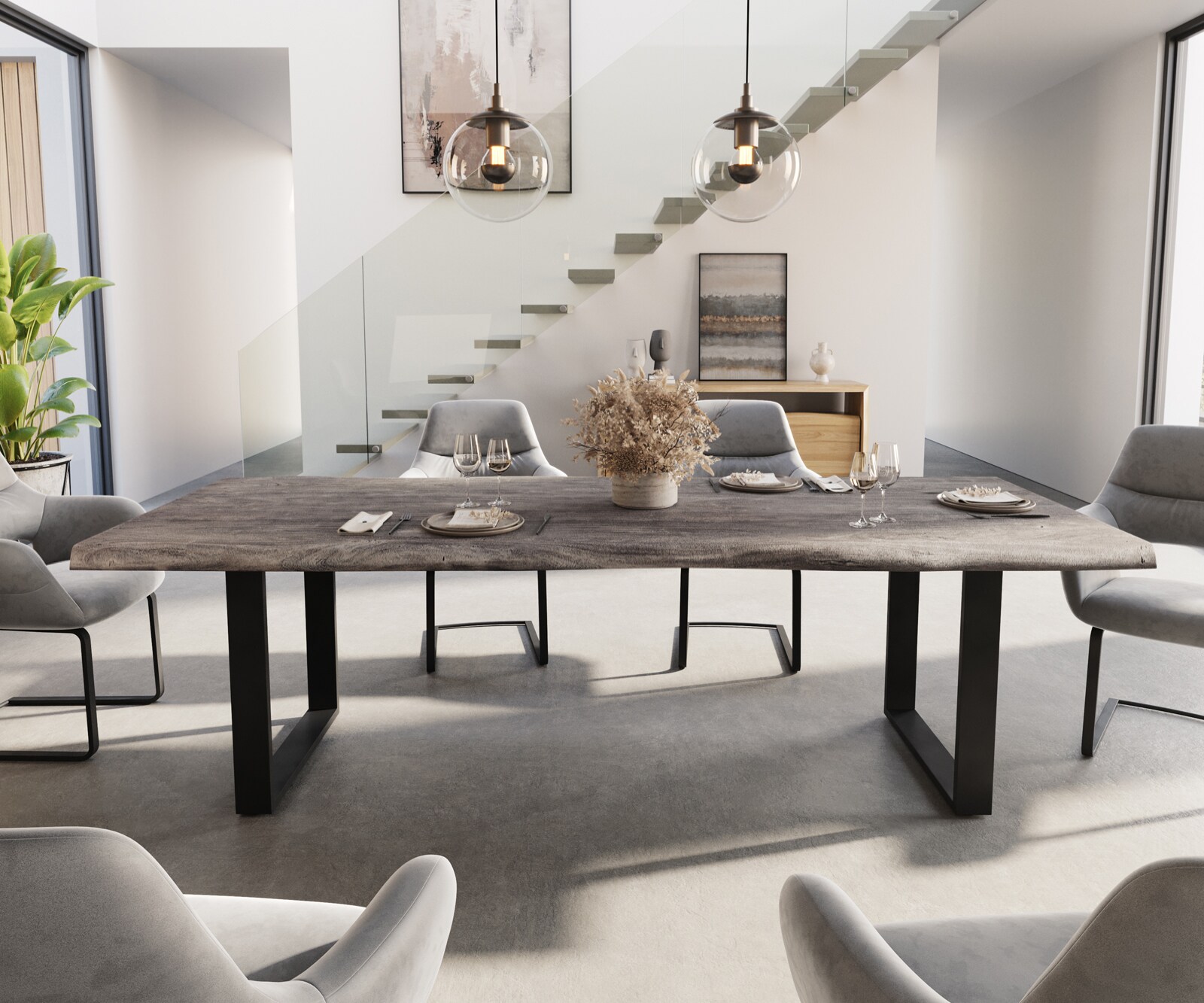 Esstisch Edge 260x100 XL Akazie Platin Kufe Schwarz Live-Edge 2