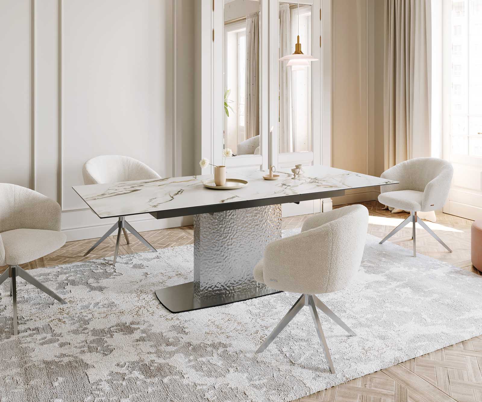 Esstisch Edge 180-220x100 Keramik Calacatta Luxe Weiß-Gold-Grau Wave Edelstahl ausziehbar 8