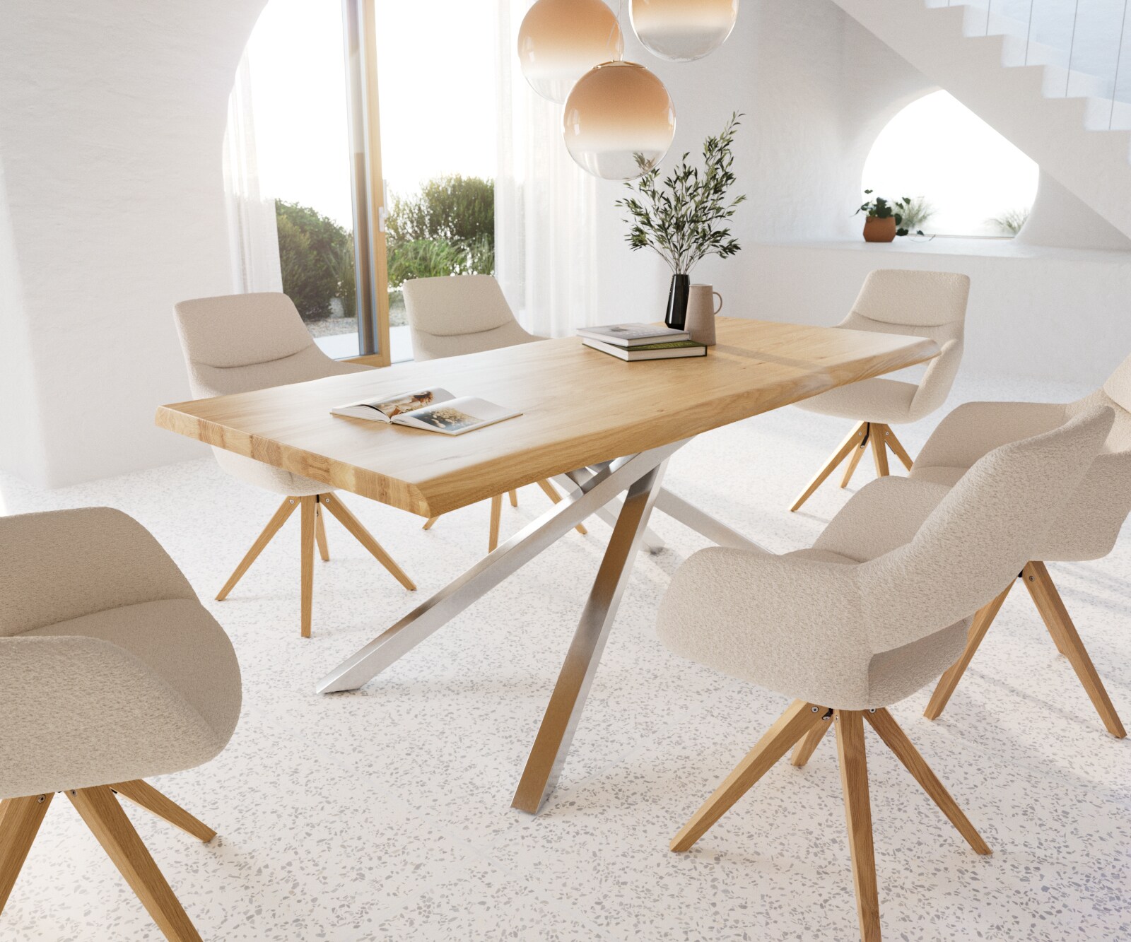 Esstisch Edge 200x100 Eiche Natur Kreuzgestell Rechteck Edelstahl Live-Edge 6 Esstisch Edge 200x100 Eiche Natur Kreuzgestell Rechteck Edelstahl Live-Edge 6