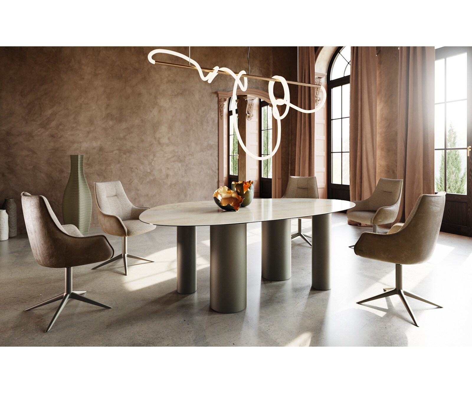 Table à manger Edge Ovale 220x120 Céramique Iris FMG Onice Oro Pilier Métal finition à effet Titane 4