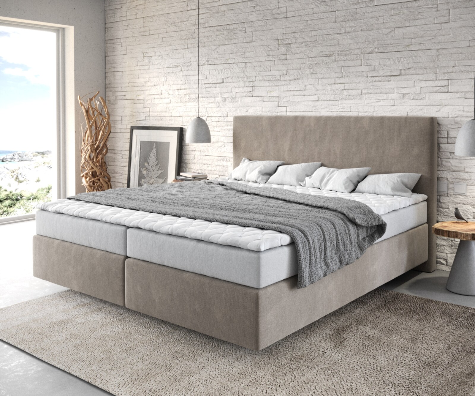 Boxspringbett Dream-Well 180x200 cm Mikrofaser Beige mit Matratze und Topper Boxspringbett Dream-Well 180x200 cm Mikrofaser Beige mit Matratze und Topper