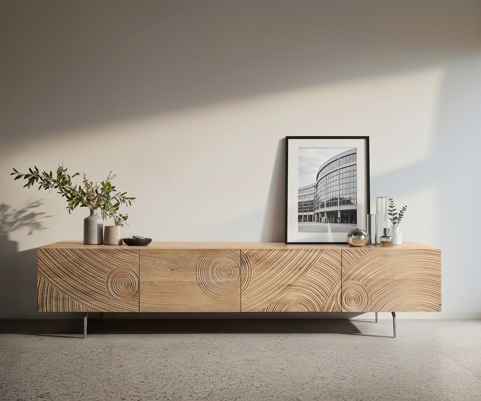 Lowboard Ashara 220 cm Eiche Natur 3D Effekt 4 Türen Winkelfuß Edelstahl gebürstet