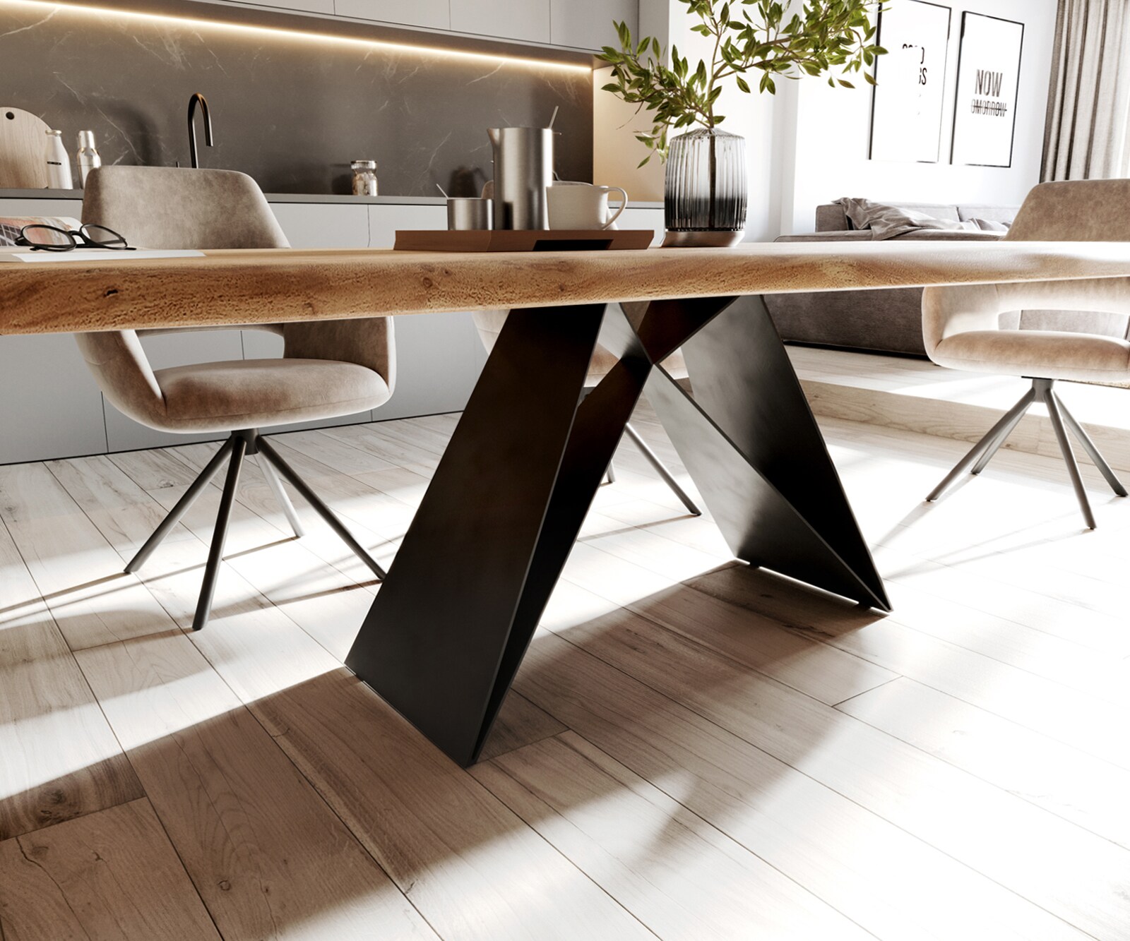 Table à manger Edge 260x100 XL acacia nature cadre en V acier plat noir Live-Edge 5