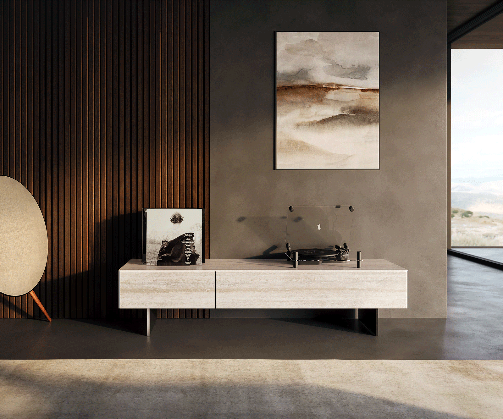 Meuble-TV Cuor 150 cm Céramique Laminam® Travertino Bianco Crème-blanc 1 Clapet 1 Tiroir Pied optique flottant Métal Noir 1