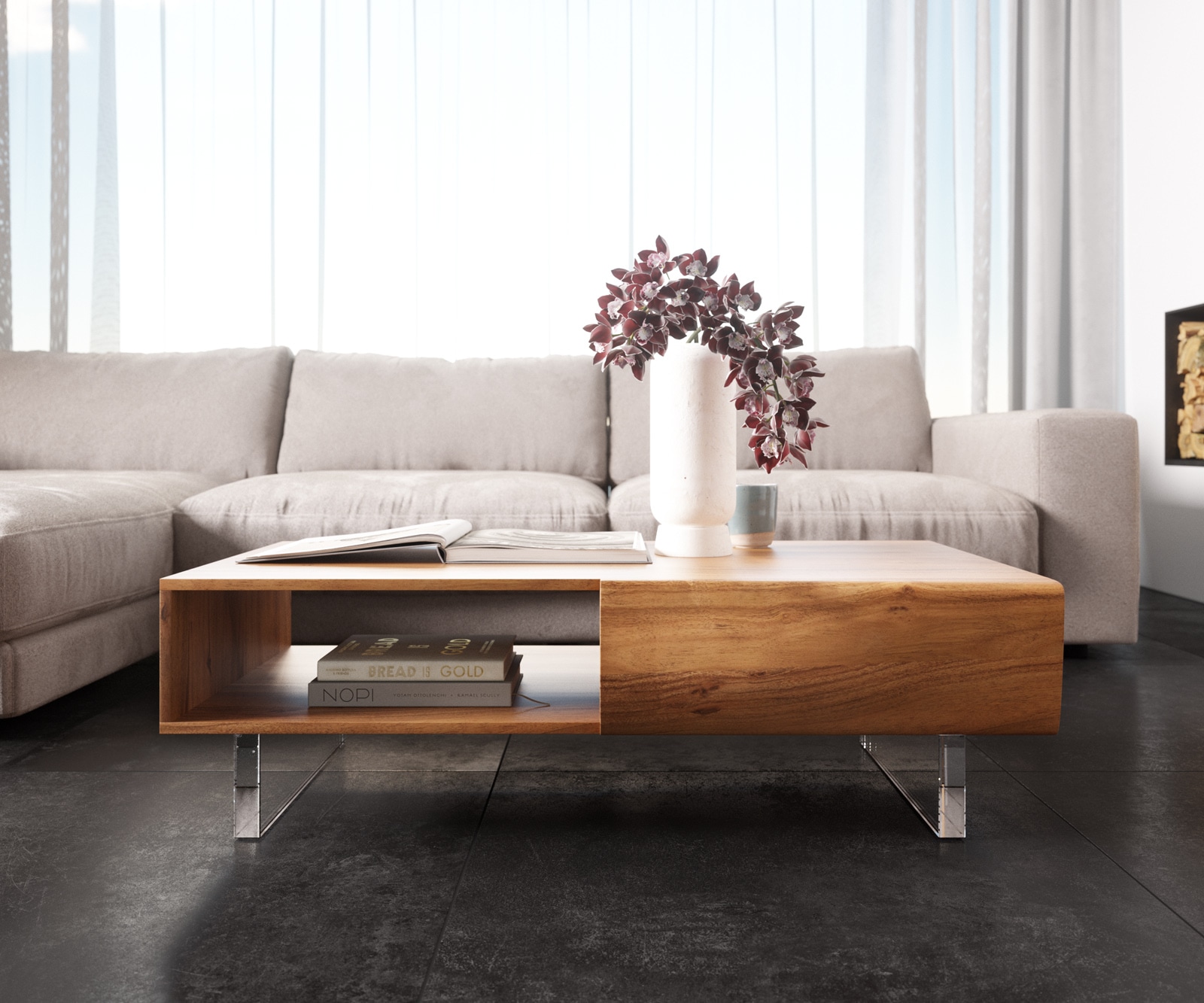 Table-basse New Live-Edge 115x60 cm acacia naturel 2 tiroirs 1 compartiment pied acrylique 1 Table-basse New Live-Edge 115x60 cm acacia naturel 2 tiroirs 1 compartiment pied acrylique 1