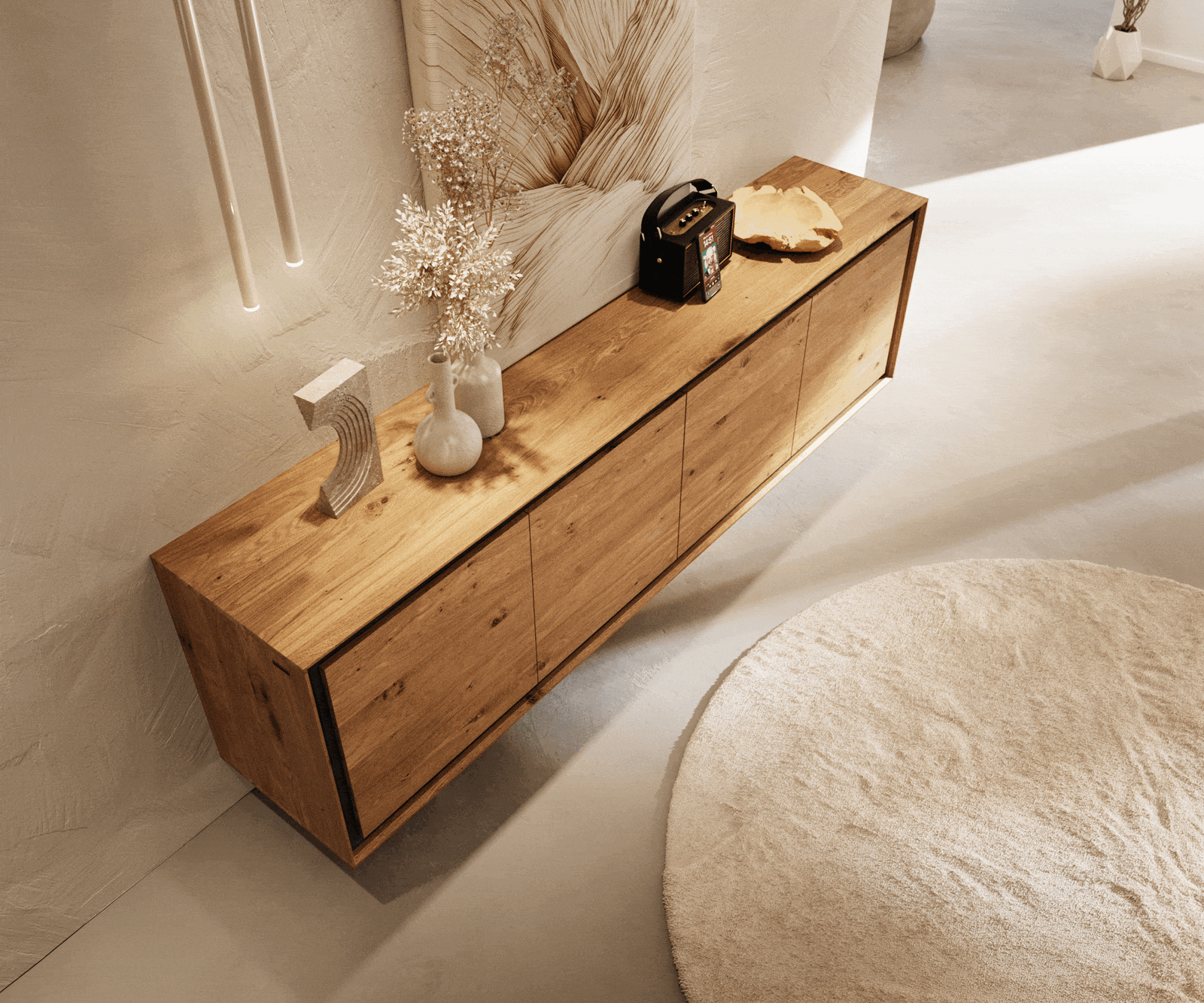 Buffet Stonegrace 200 cm Chêne Naturel 4 portes Placage pierre Flottant 4