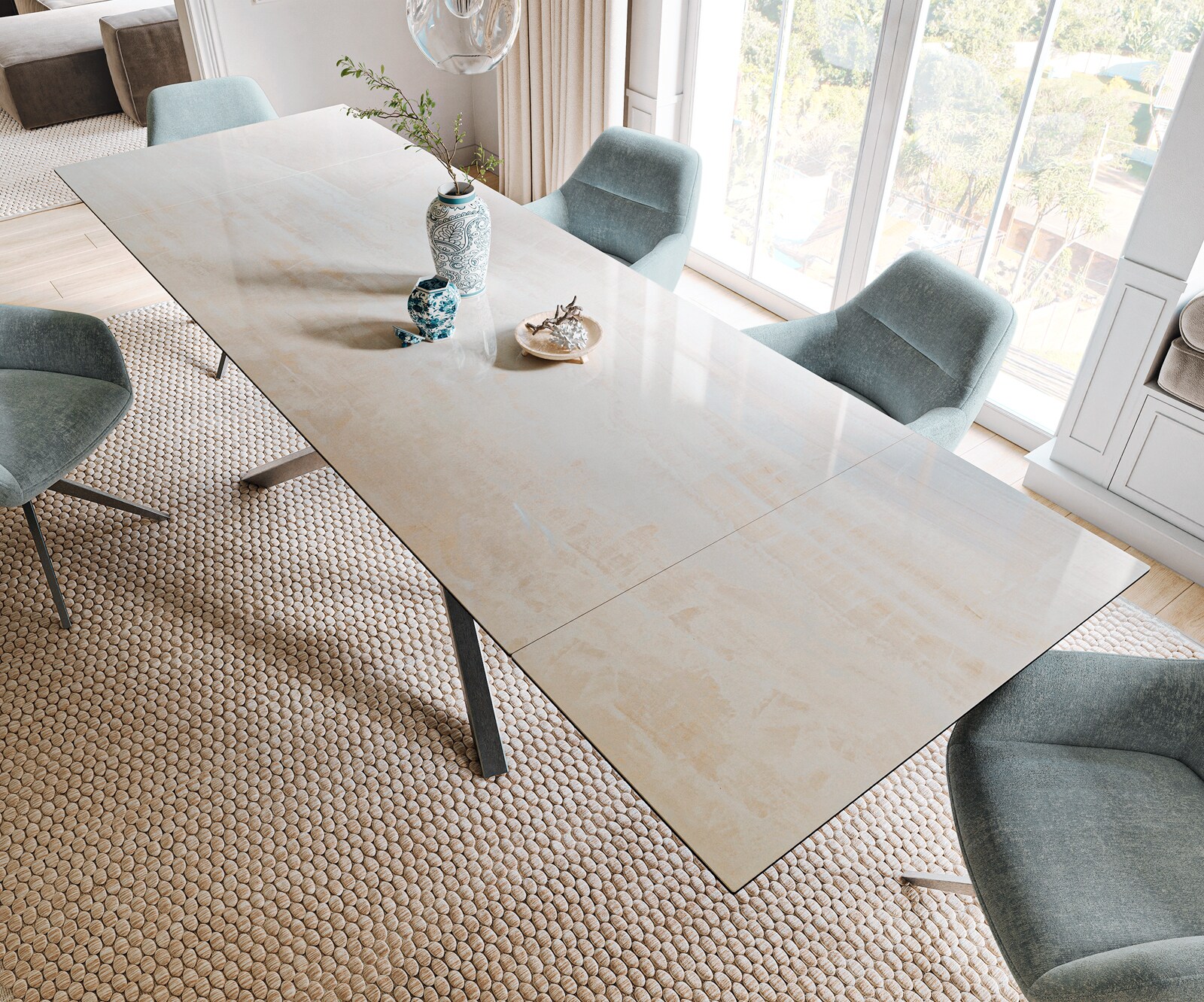 Esstisch Edge 200-300x100 cm Keramik Onyx Champagne Kreuzgestell Rechteck Edelstahl Graphit ausziehbar 3