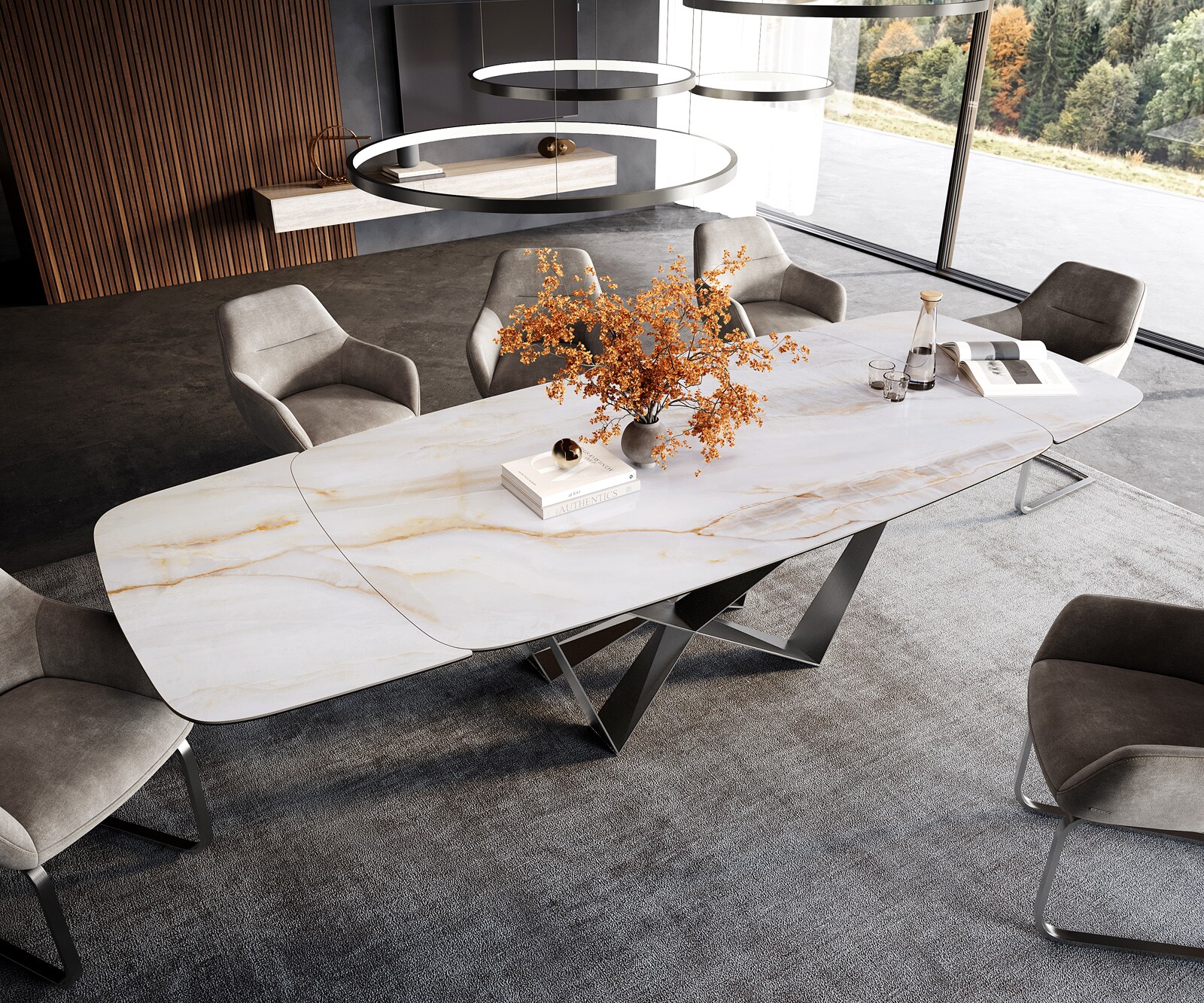 Esstisch Edge Boot 200-300x120 cm Keramik Onyx Pearl Spider Flachstahl Edelstahl ausziehbar 3