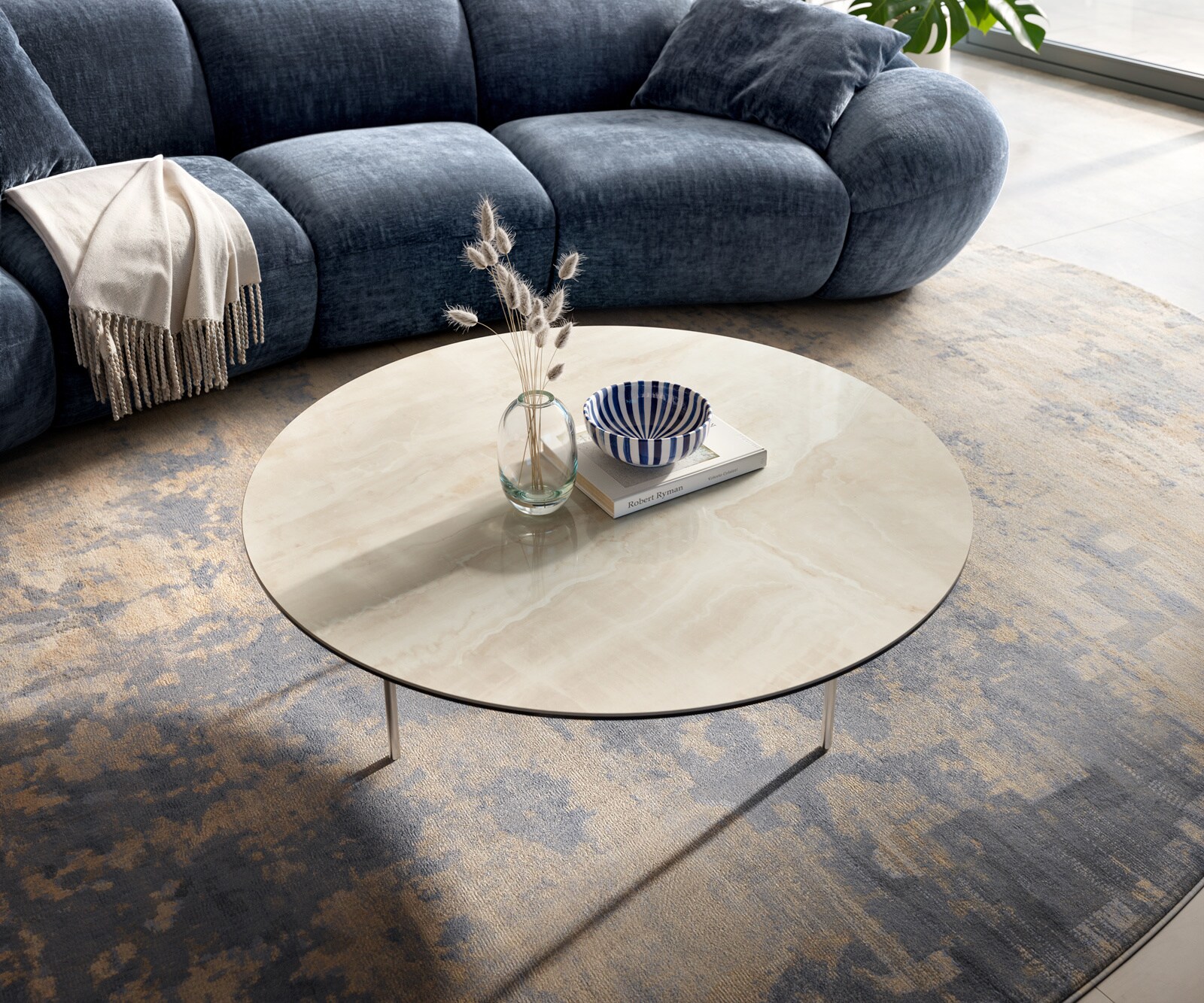 Table basse Edge ronde 100x100 cm céramique Onyx Champagne Trive acier inoxydable brossé 2