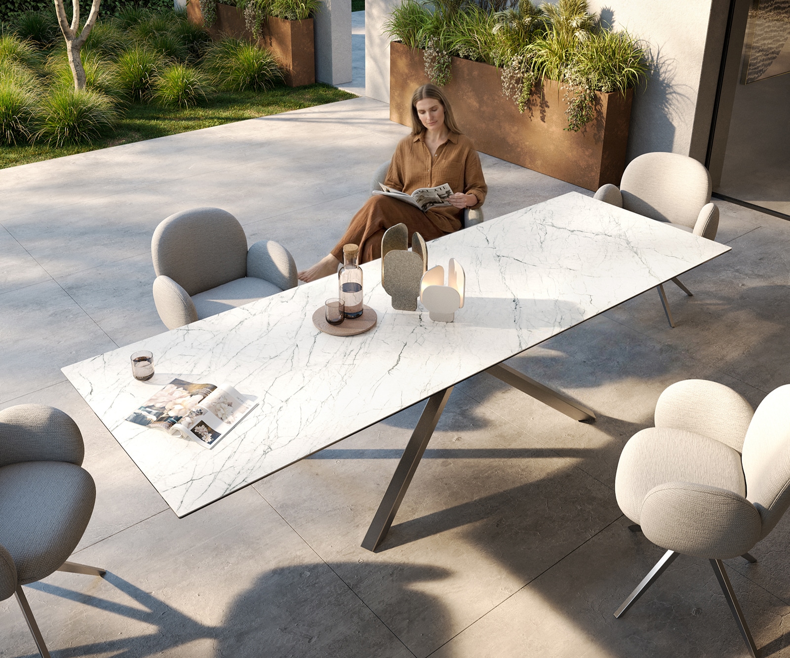 Outdoortisch Edge 300x100 cm Keramik Laminam® Statuarietto Weiß Kreuzgestell Rechteck Edelstahl