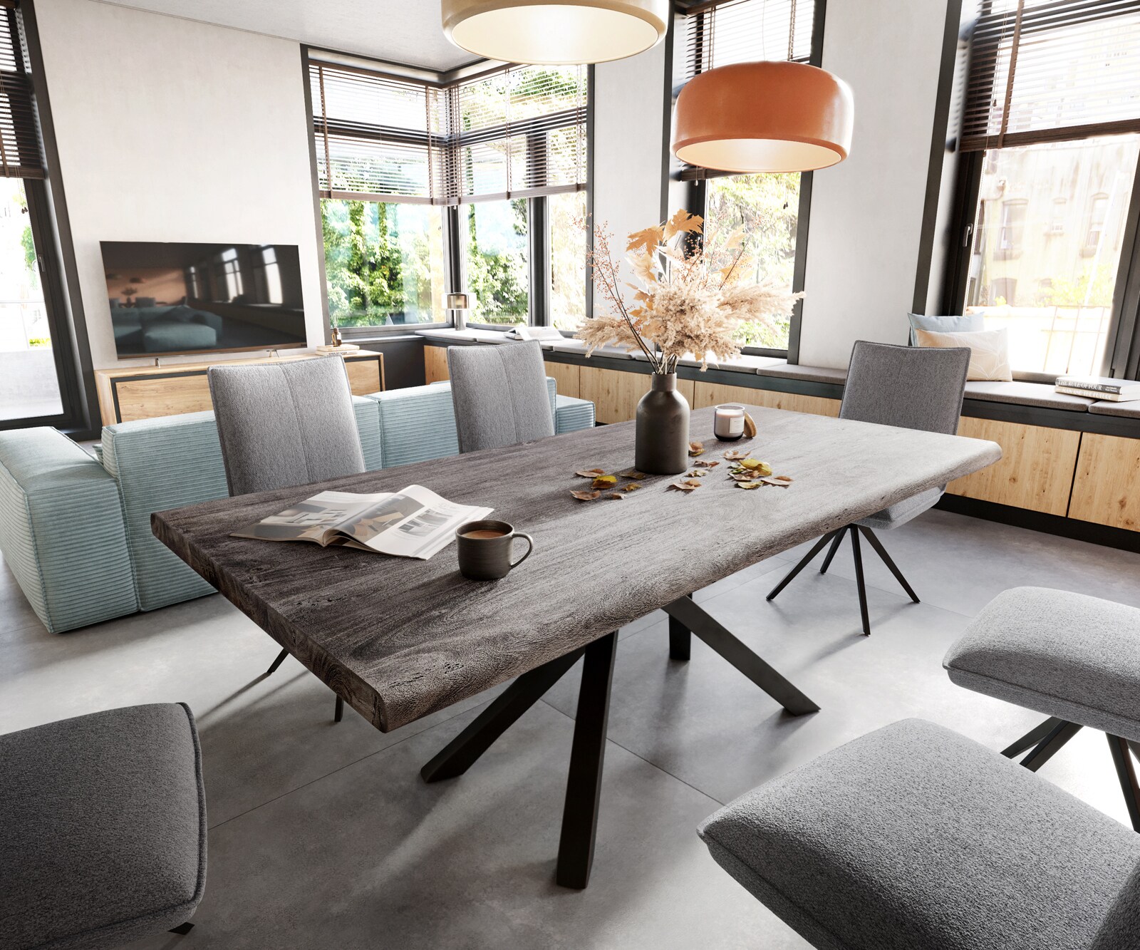 Esstisch Edge 200x100 XL Akazie Platin Kreuzgestell Rechteck Schwarz Live-Edge 1
