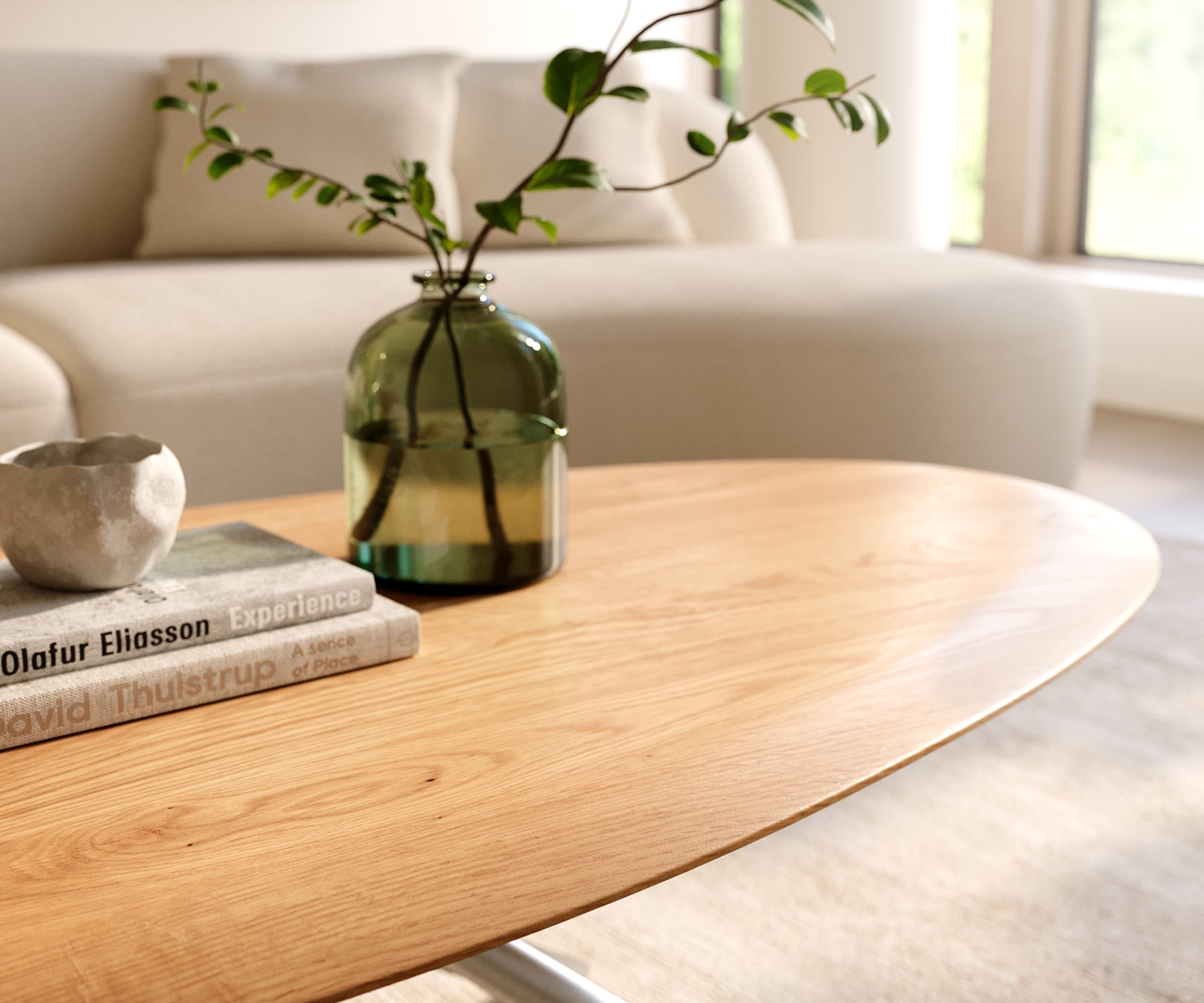 Table basse Edge Oval 140x75 cm chêne naturel bord arrondi Sarity acier inoxydable brossé 5