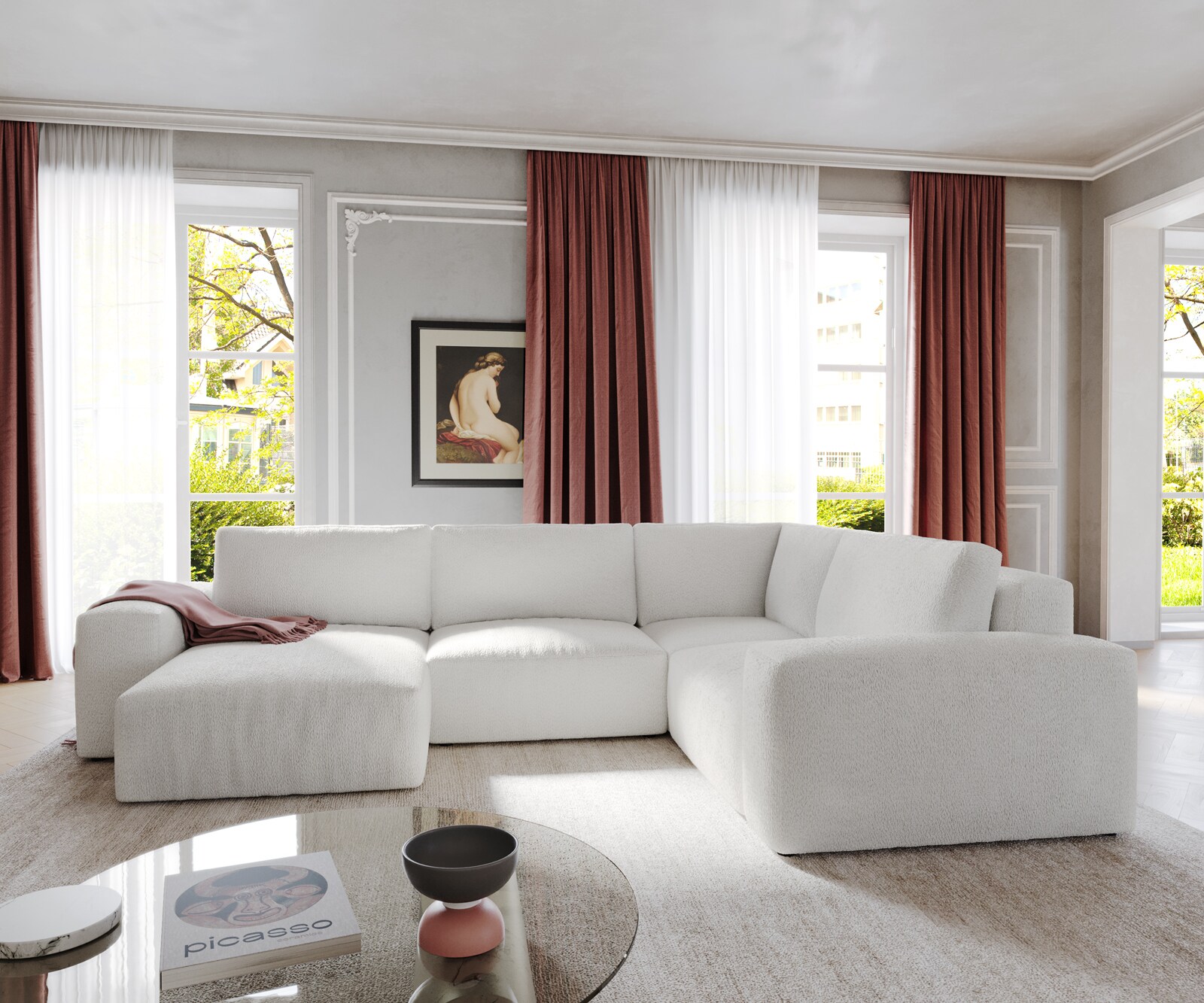 Wohnlandschaft Lanzo 300x210 cm Bouclé Creme-Weiß Recamiere variabel 1