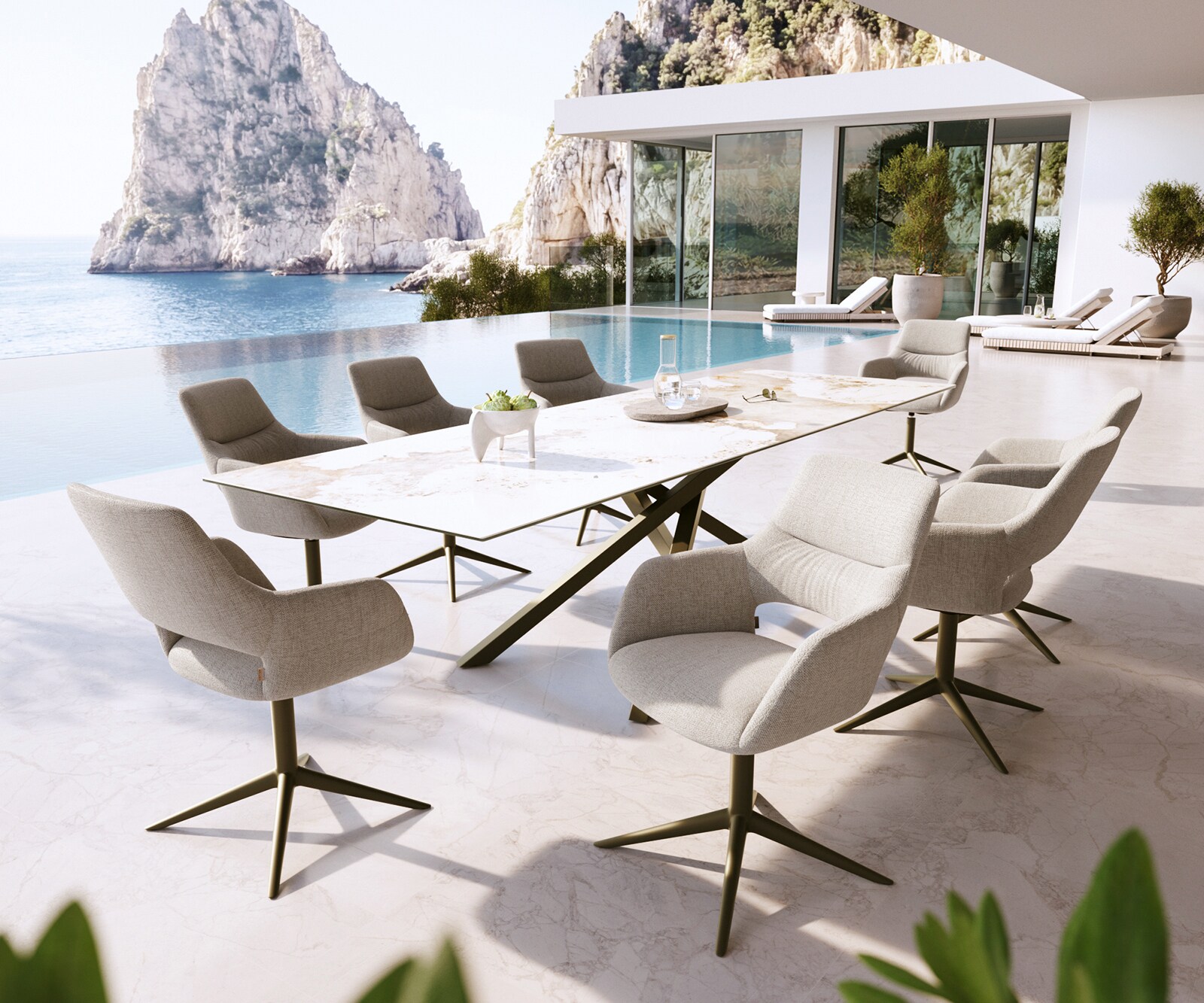 Chaise-d'extérieur Yago-Flex avec accoudoirs tissu texturé gris-blanc pied de chaise 4 branches aspect titane pivotement sur 360° fonction bascule 3