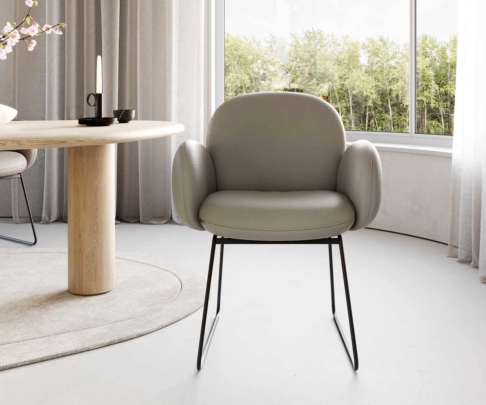 Chaise-de-salle-à-manger Nube-Flex avec accoudoirs cuir de vache couleur boue pied trapèze noir ressorts ensachés 2