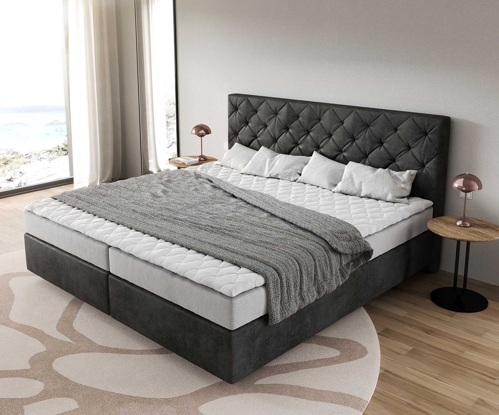 Boxspringbett Dream-Great Mikrofaser Anthrazit Vintage 200x200 cm Bonell-Matratze PU-Topper 3 Boxspringbett Dream-Great Mikrofaser Anthrazit Vintage 200x200 cm Bonell-Matratze PU-Topper 3