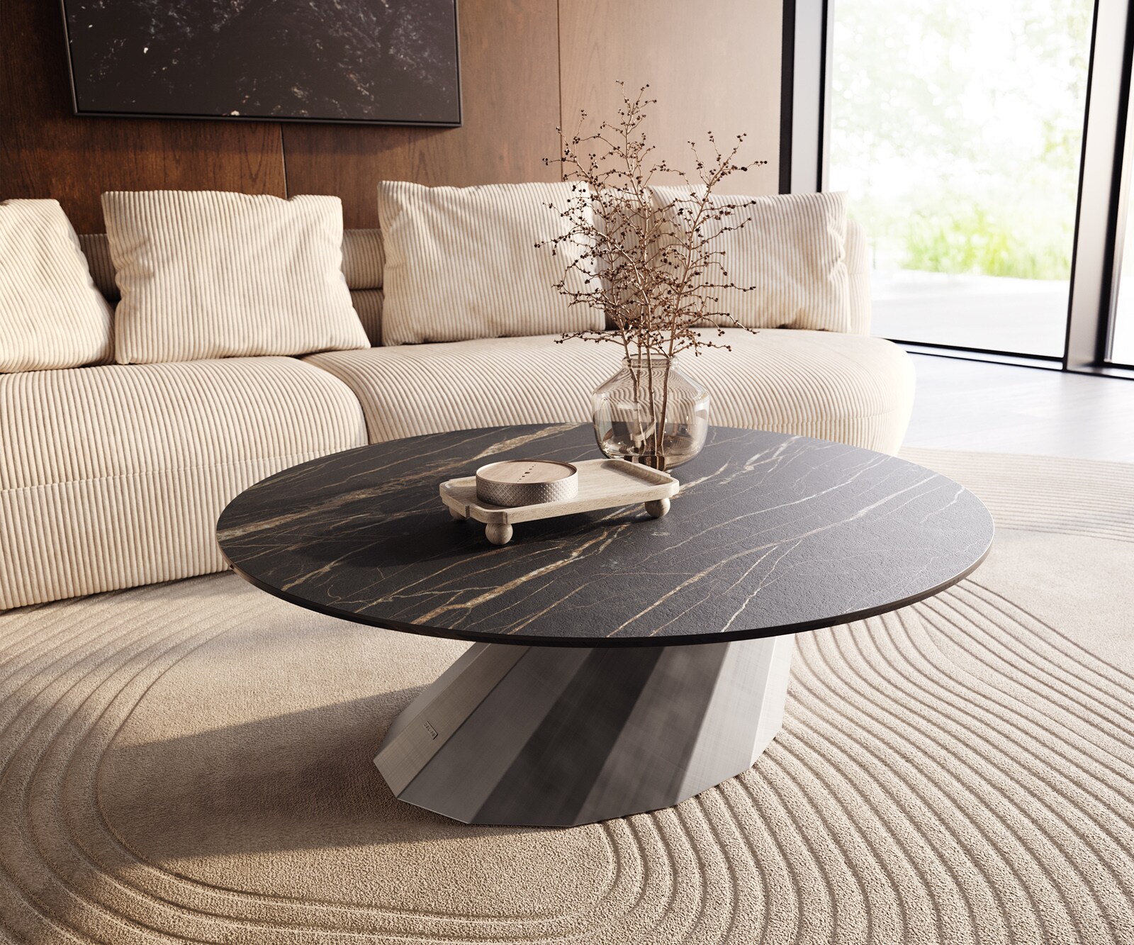 Table basse Edge rond 100x100 cm céramique Laminam® Noir Desir brun Parabi argent métallique