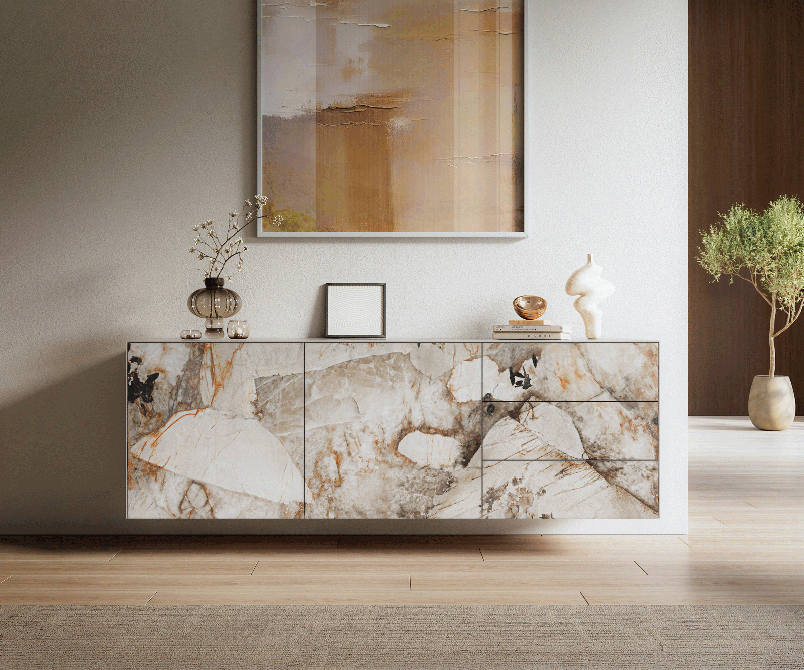 Buffet Cuor 180 cm Céramique Patagonia raffinée 2 Portes 3 Tiroirs Flottant 2
