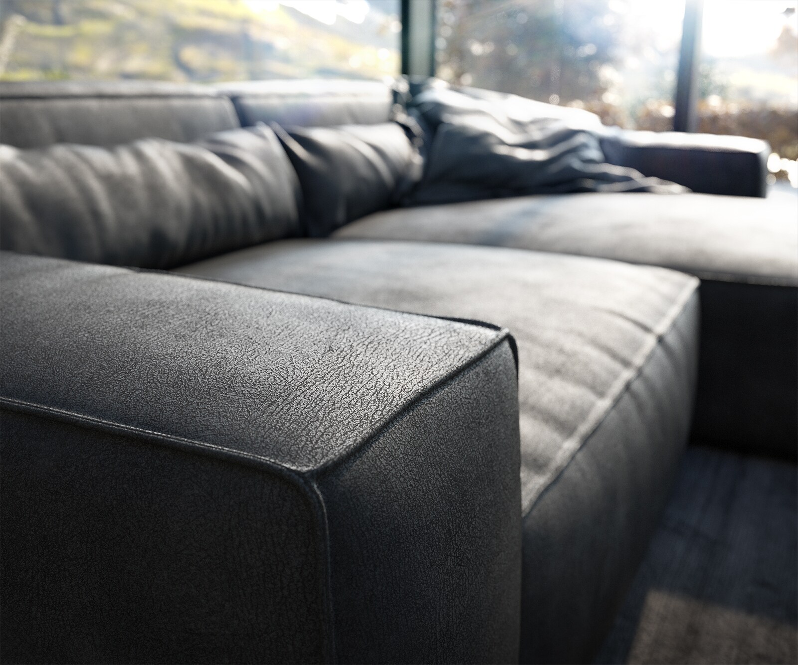 Ecksofa Sirpio XL 270x170 cm Lederimitat Vintage Anthrazit Recamiere variabel mit Hocker 4
