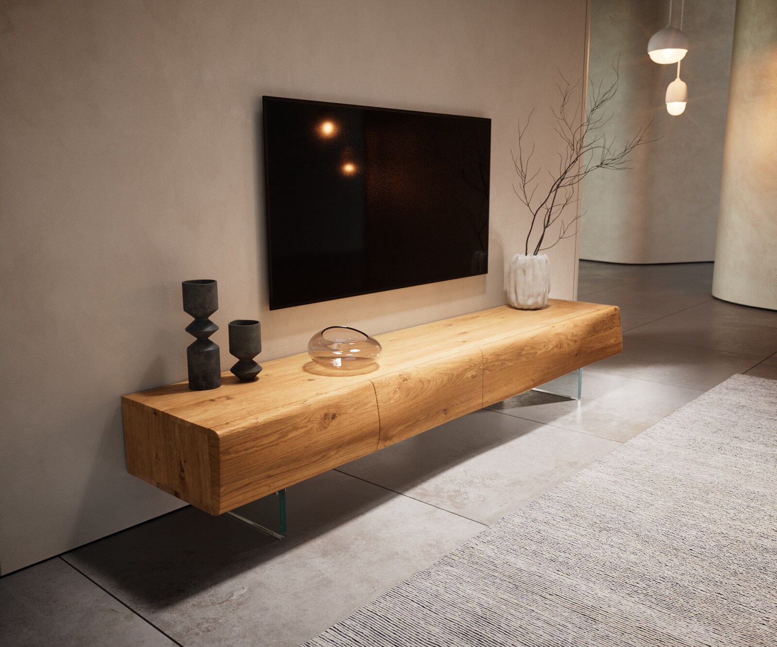Lowboard New Live-Edge 200 cm Eiche Natur 4 Türen Glasfuß 3