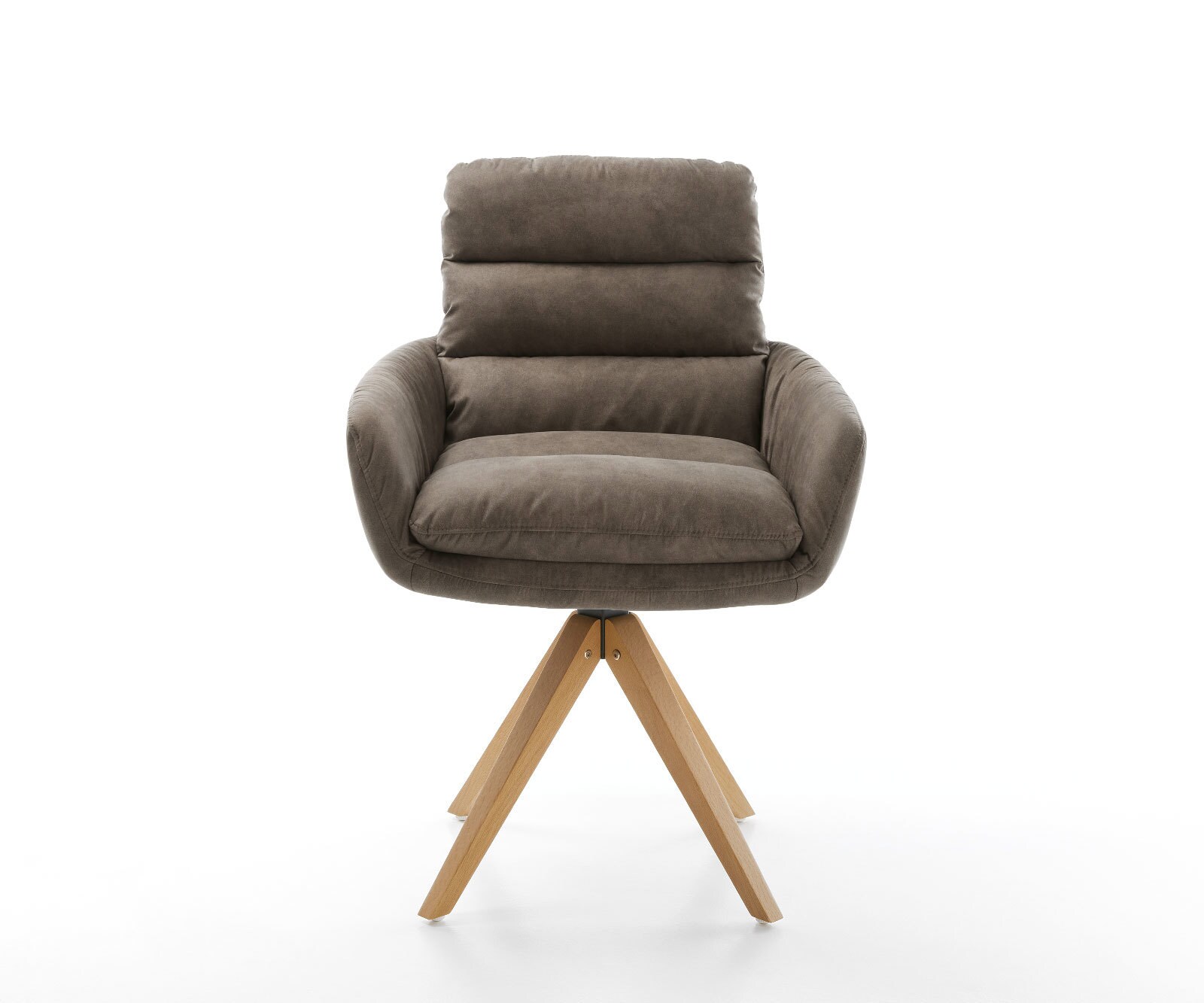 Chaise-de-salle-à-manger Abelia-Flex avec accoudoirs microvelours taupe vintage pied en bois angulaire naturel 1