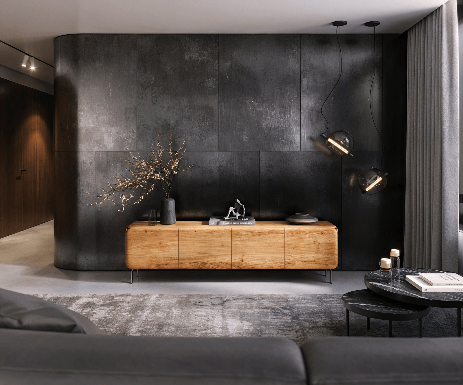 Lowboard Shavani 200 cm Akazie Natur 4 Türen L-Fuß Edelstahl Silber 1