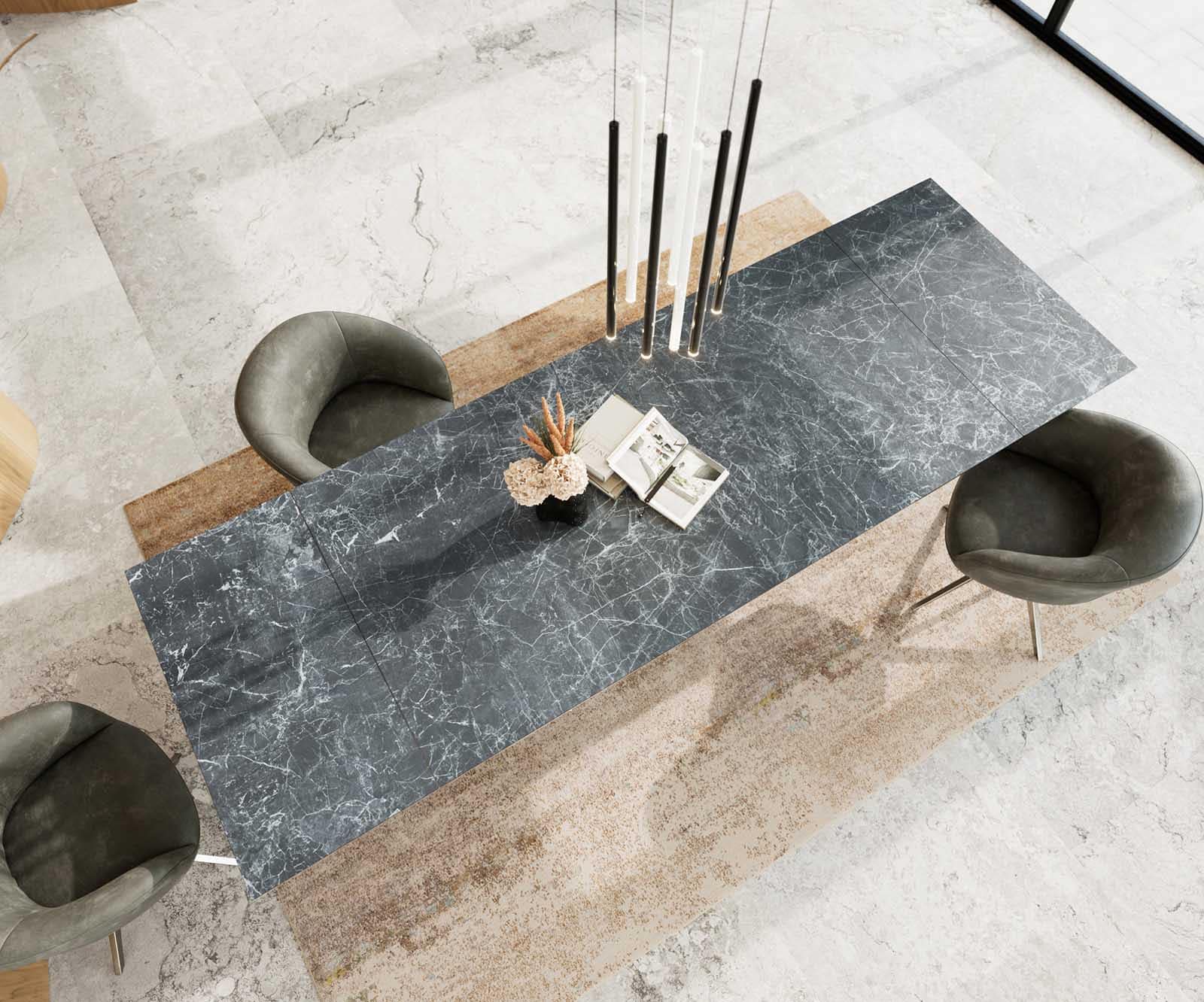 Esstisch Edge 200-300x100 Keramik Laminam®Nero Greco Anthrazit Kreuzgestell Rechteck Edelstahl ausziehbar 4