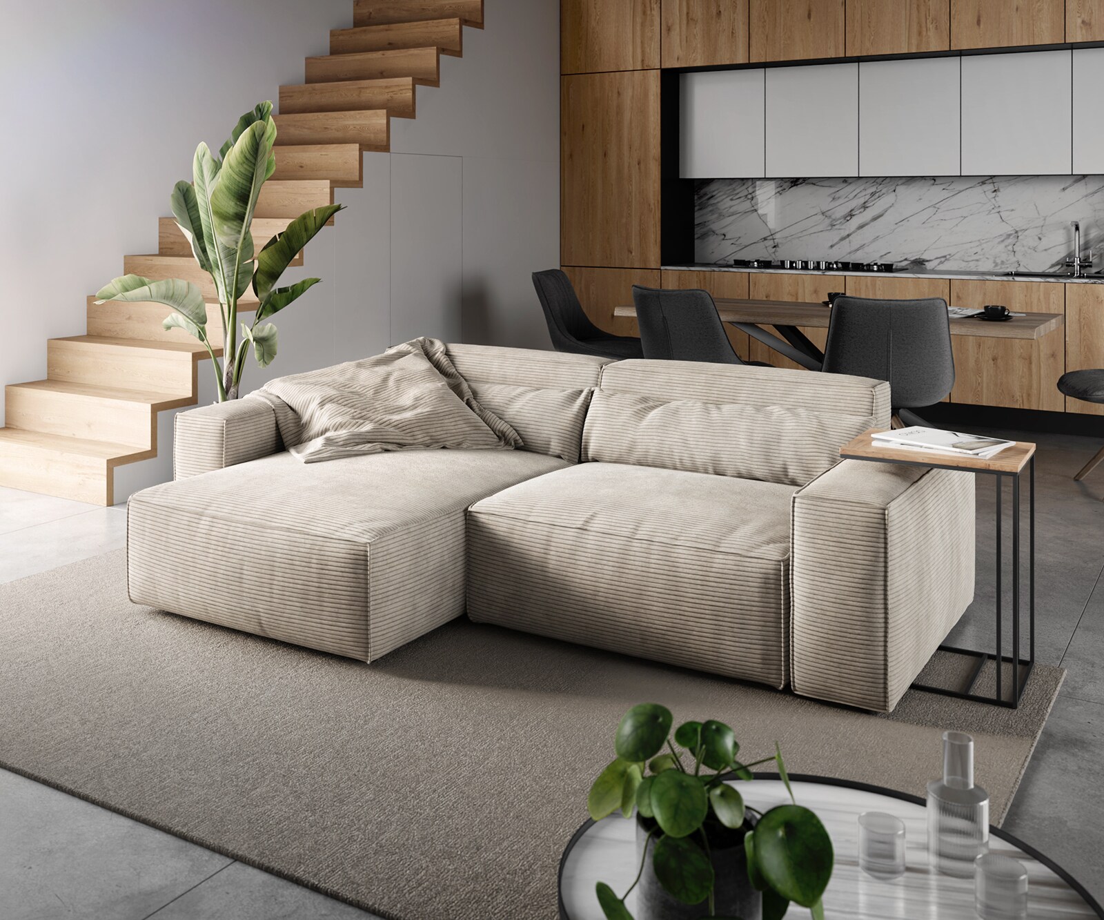 Canapé d'angle Sirpio 230x150 cm Velours côtelé Beige Recamiere variable 1
