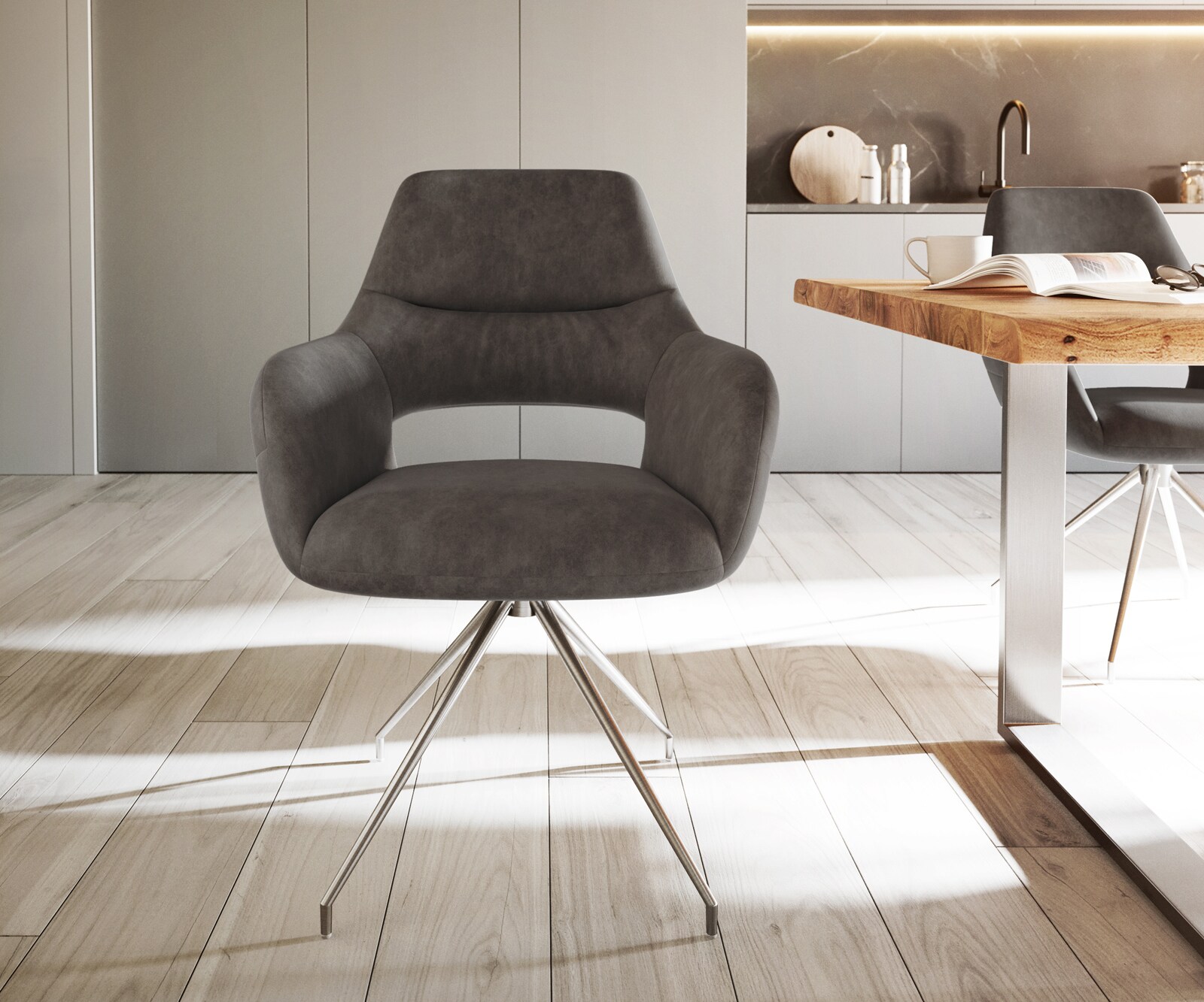 Chaise-de-salle-à-manger Yago-Flex avec accoudoirs microvelours anthracite vintage pied croisé conique acier inoxydable brossé ressorts ensachés 1