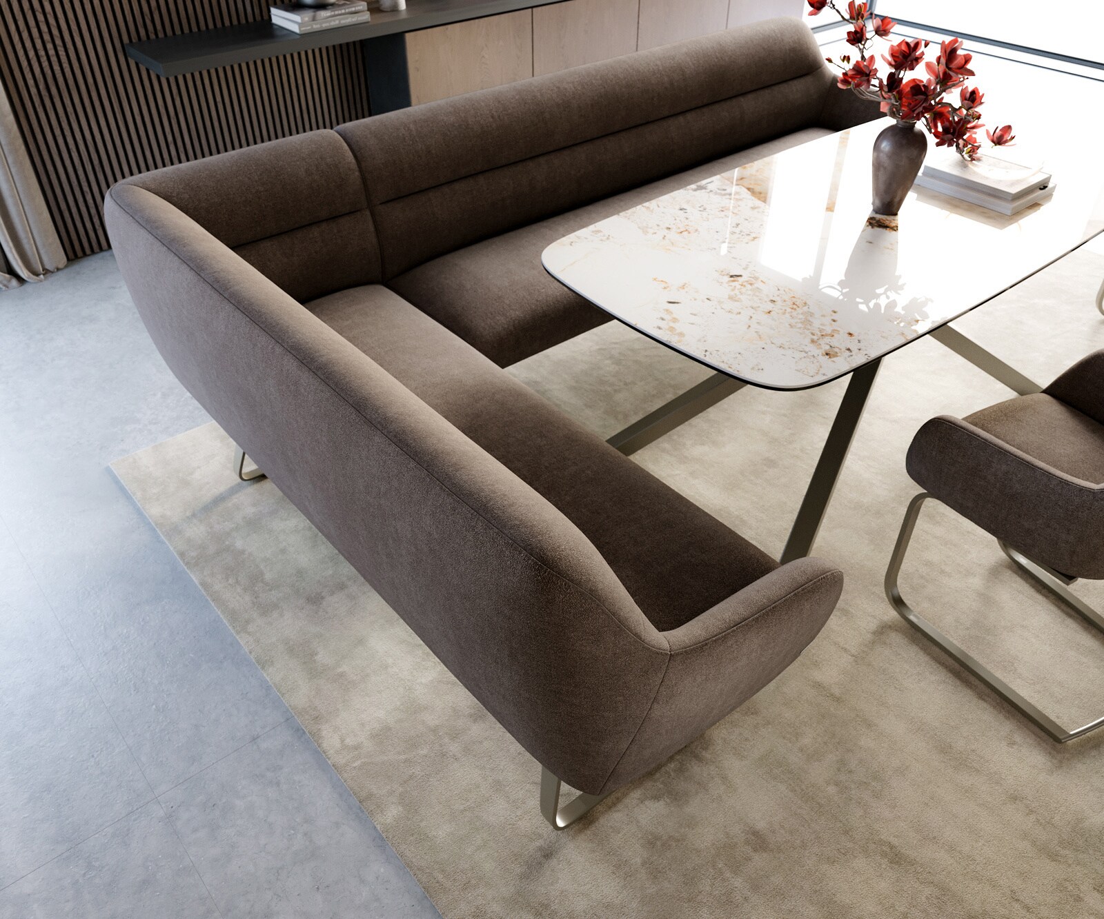 Esszimmerbank Taya-Flex 285x190 cm Strukturstoff Soft Taupe Kufengestell flach Effektfinish Titan Taschenfederkern Rechts 3