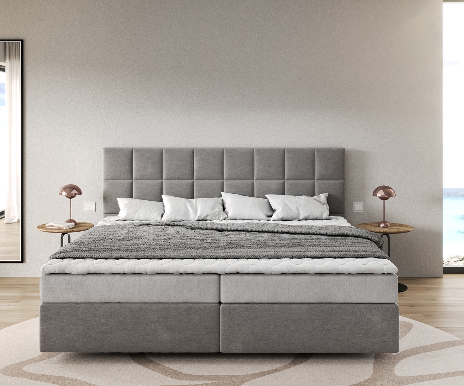 Boxspringbett Dream-Fine Mikrofaser Grau 200x200 cm Bonell-Matratze PU-Topper 1 Boxspringbett Dream-Fine Mikrofaser Grau 200x200 cm Bonell-Matratze PU-Topper 1